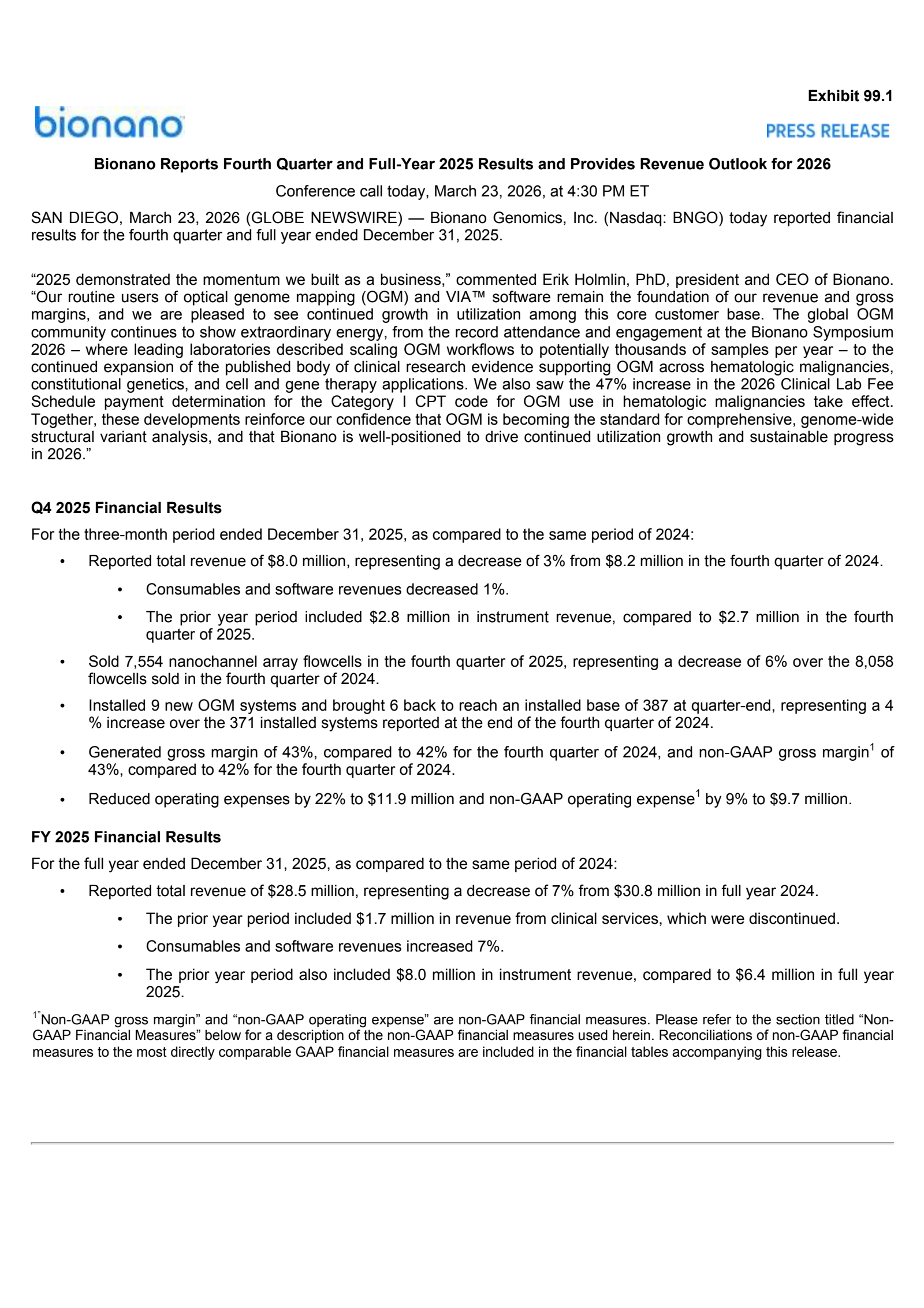 Bionano Genomics' Q4 2025 Press Release