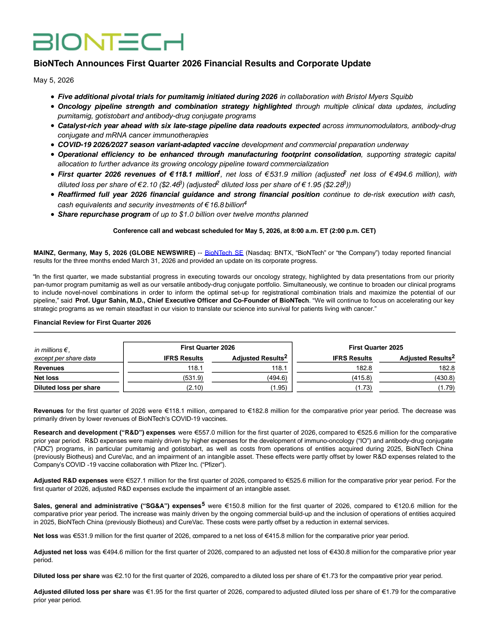 BioNTech's Q1 2026 Press Release