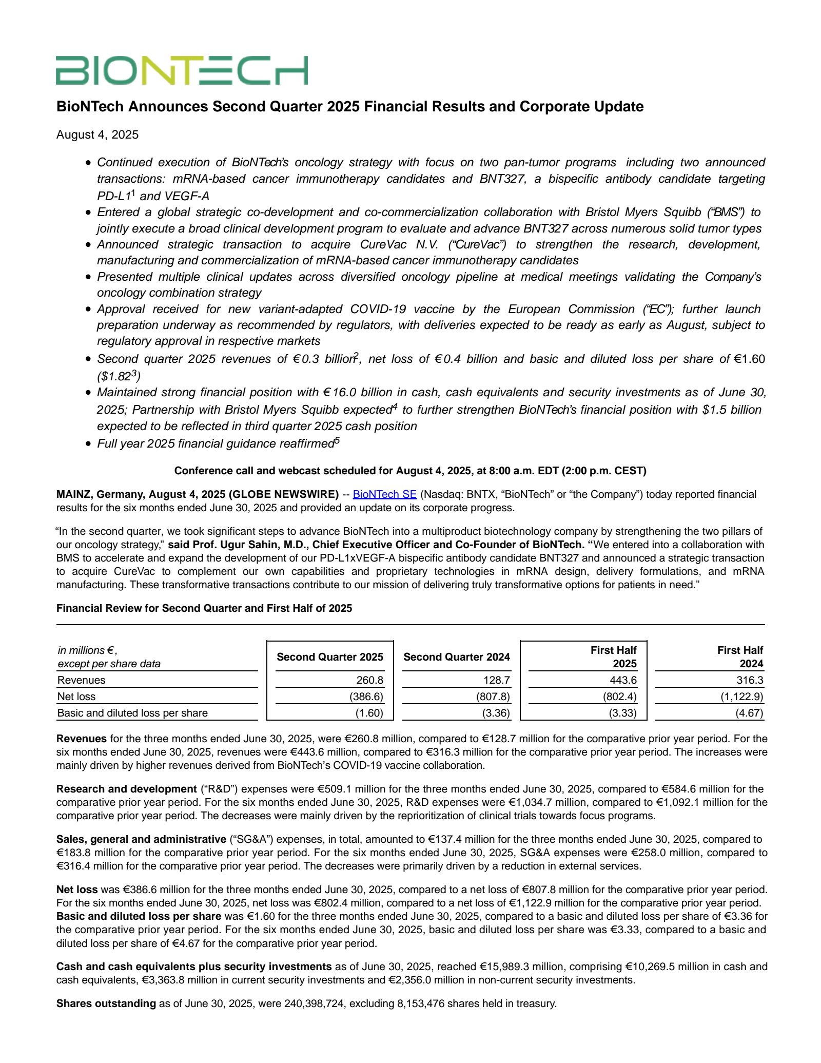 BioNTech's Q2 2025 Press Release