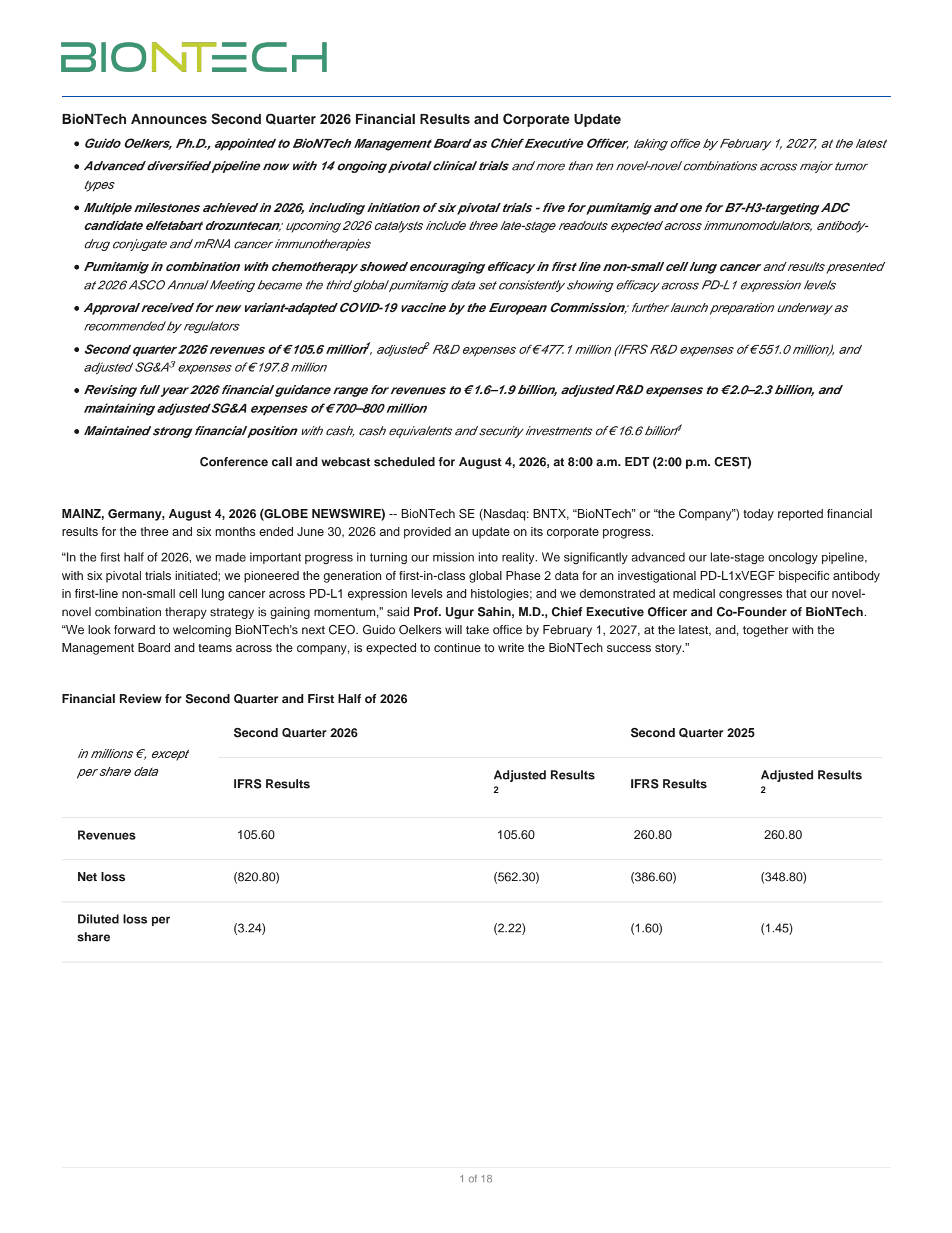 BioNTech's Q2 2026 Press Release