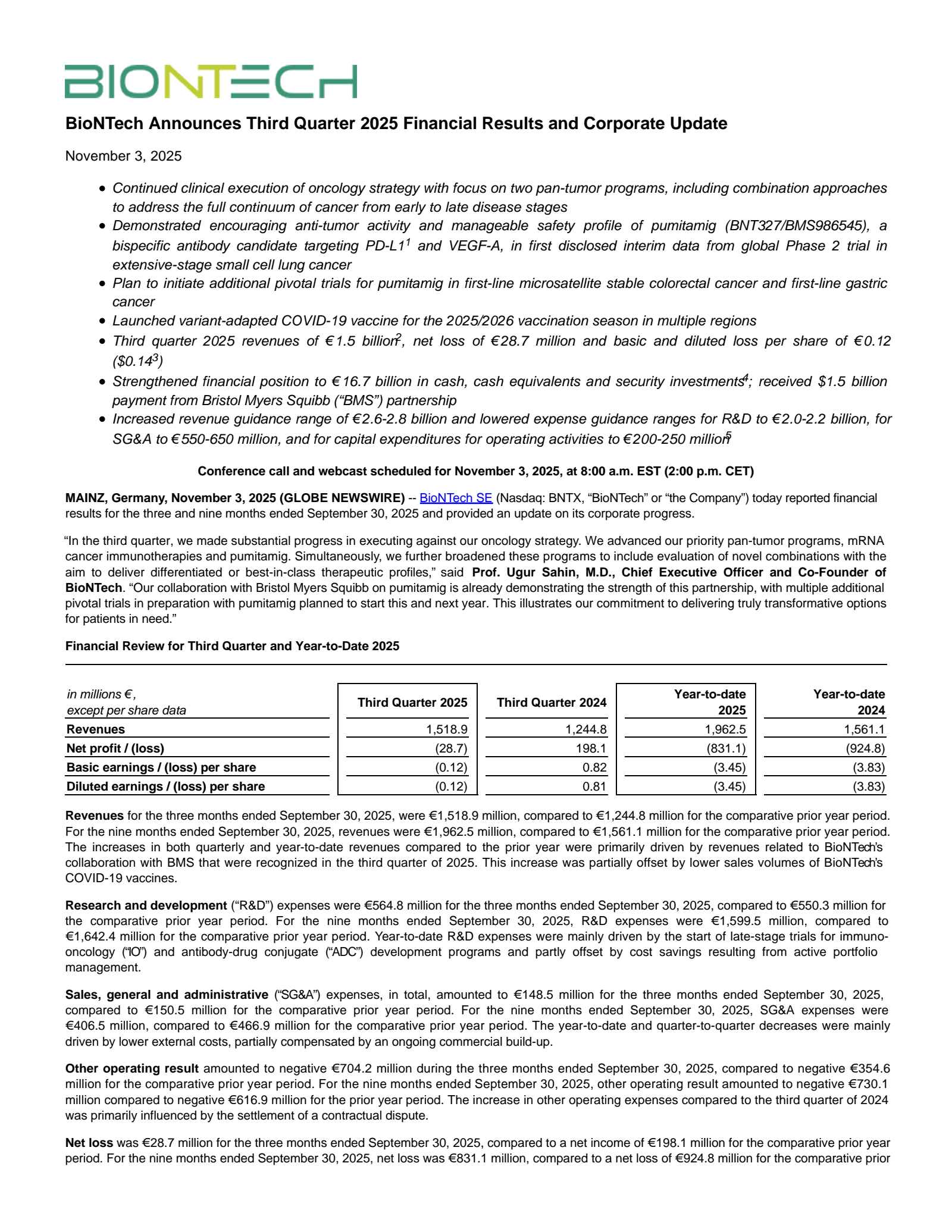 BioNTech's Q3 2025 Earnings Release