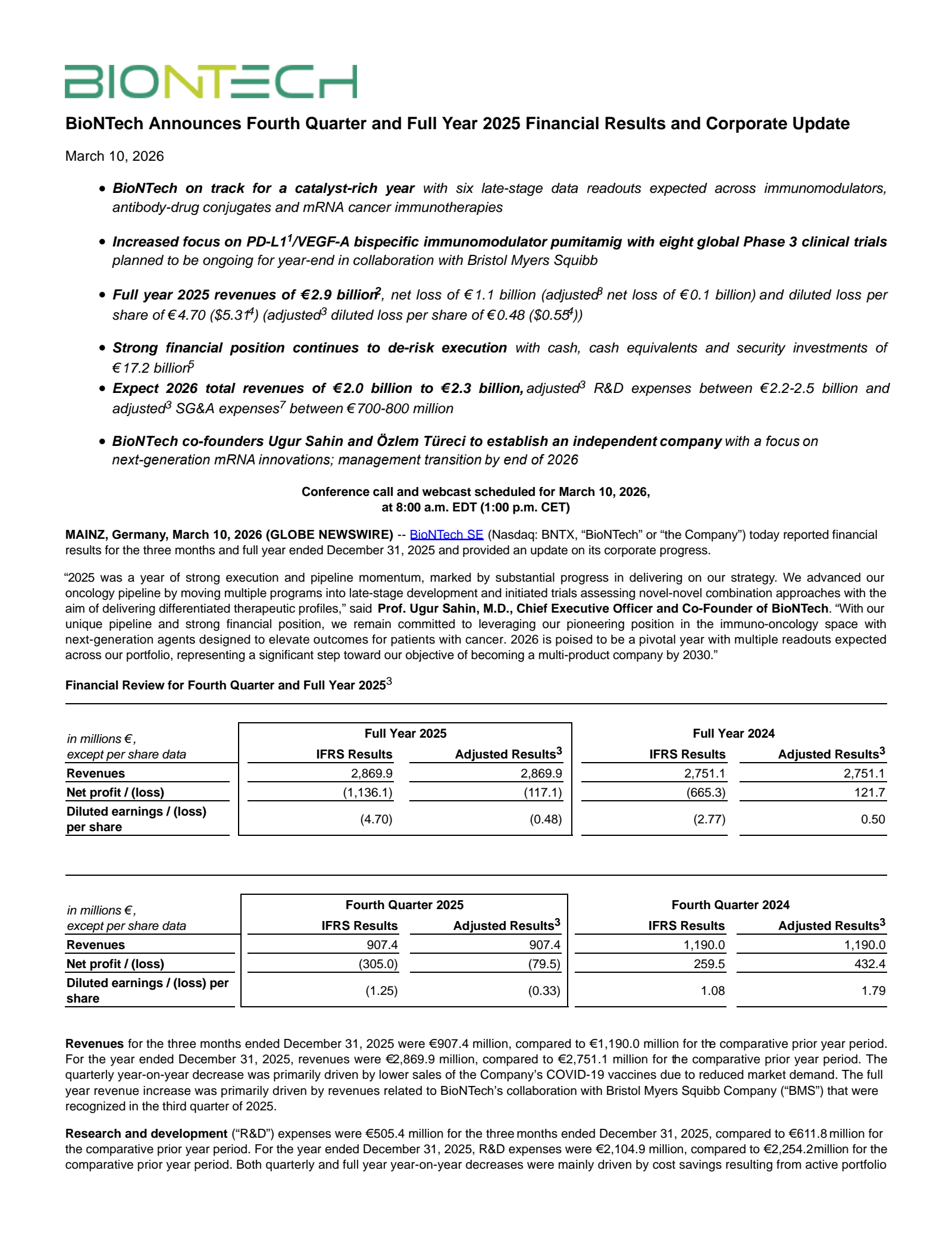 BioNTech's Q4 2025 Press Release