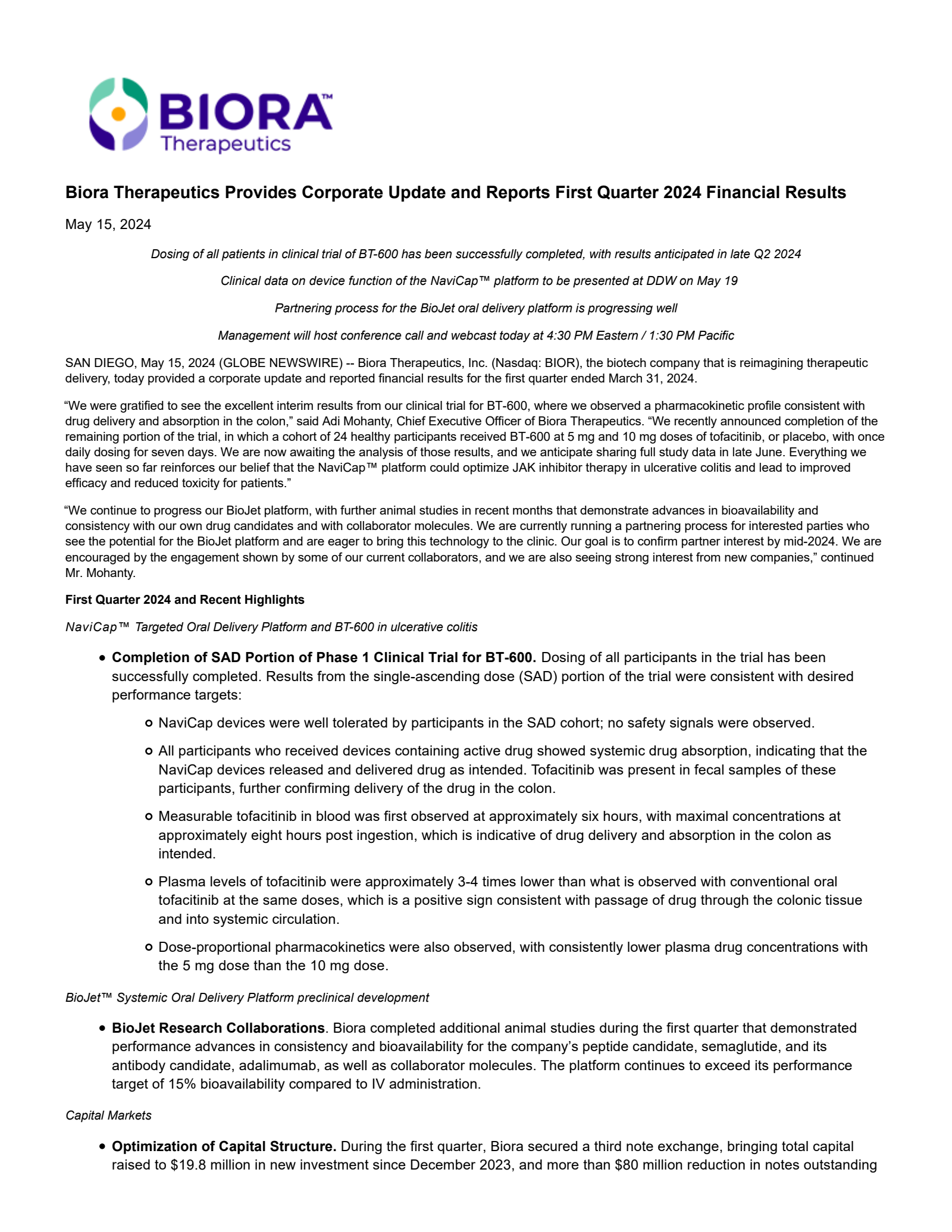 Biora Therapeutics' Q1 2024 Press Release