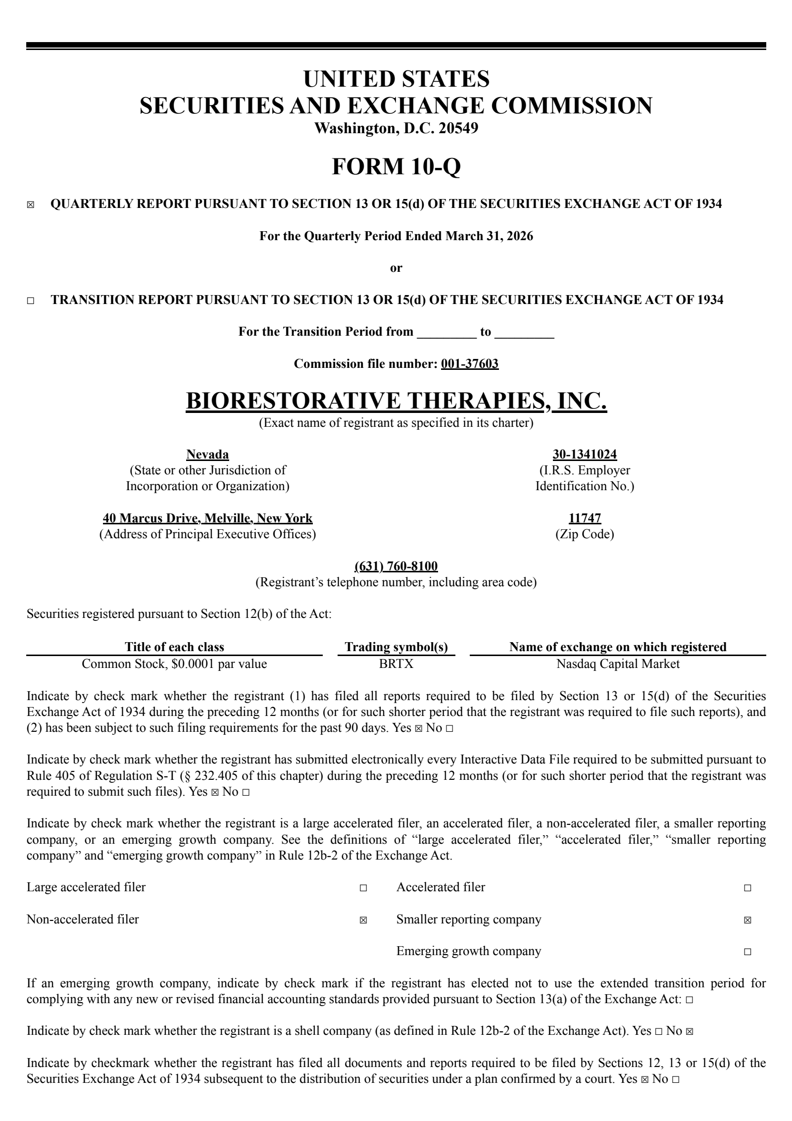 Biorestorative Therapies' Q1 2026 Quarterly report