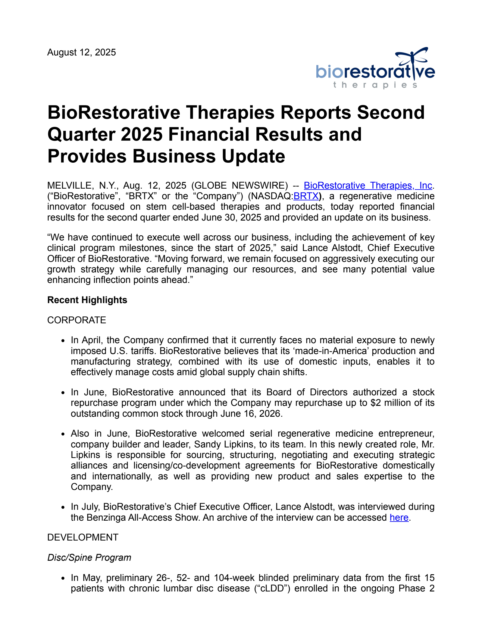 Biorestorative Therapies' Q2 2025 Press Release
