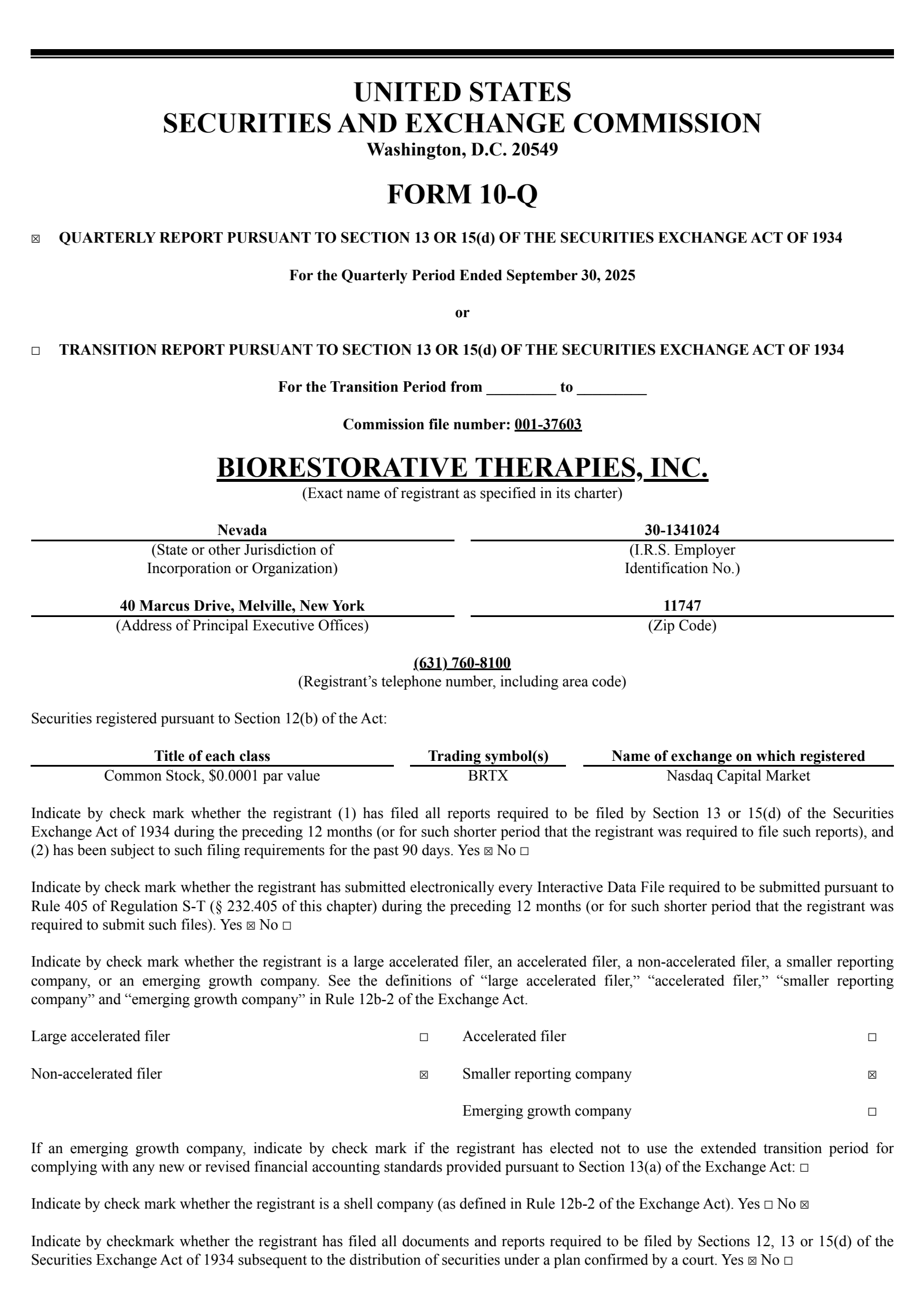 Biorestorative Therapies' Q3 2025 Quarterly Report