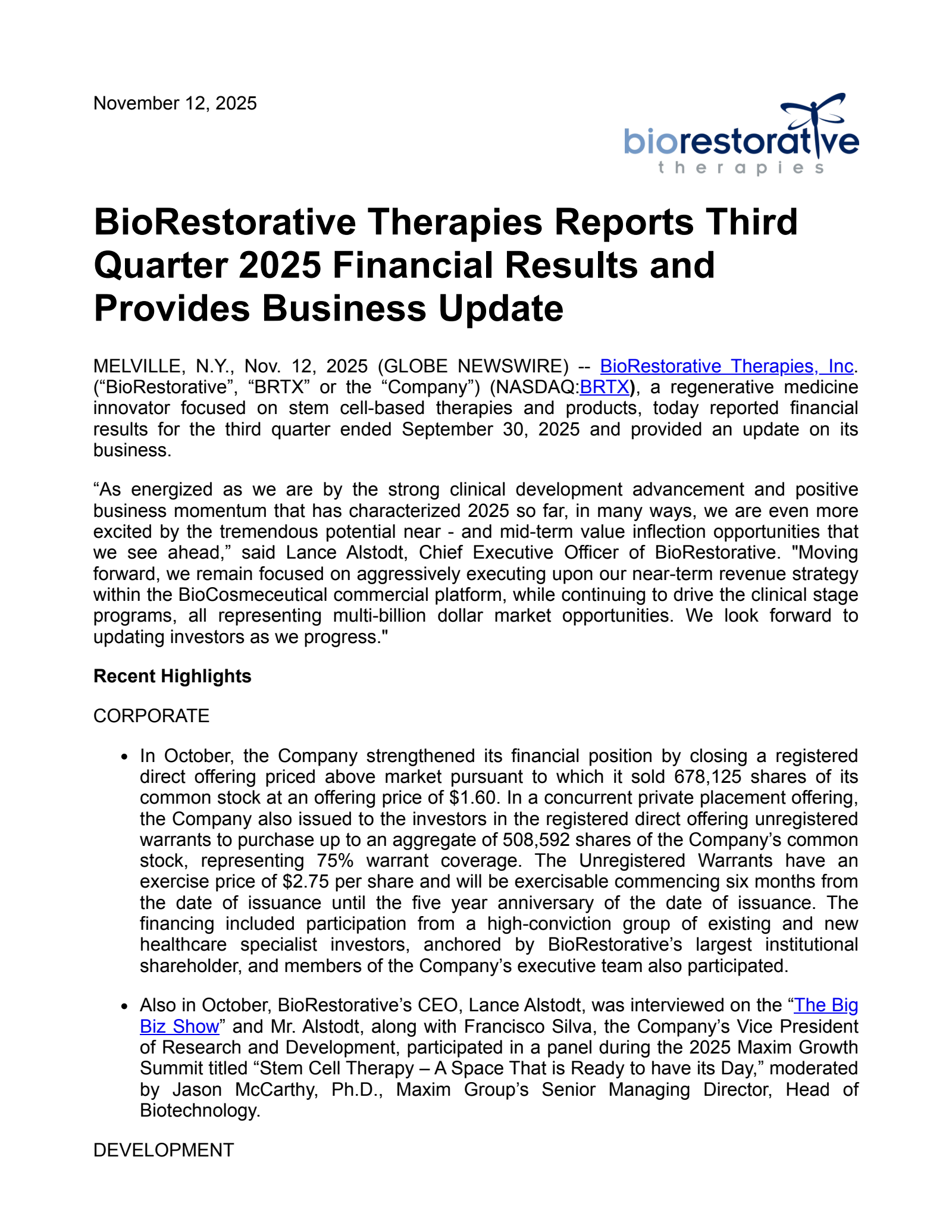 Biorestorative Therapies' Q3 2025 Earnings Release