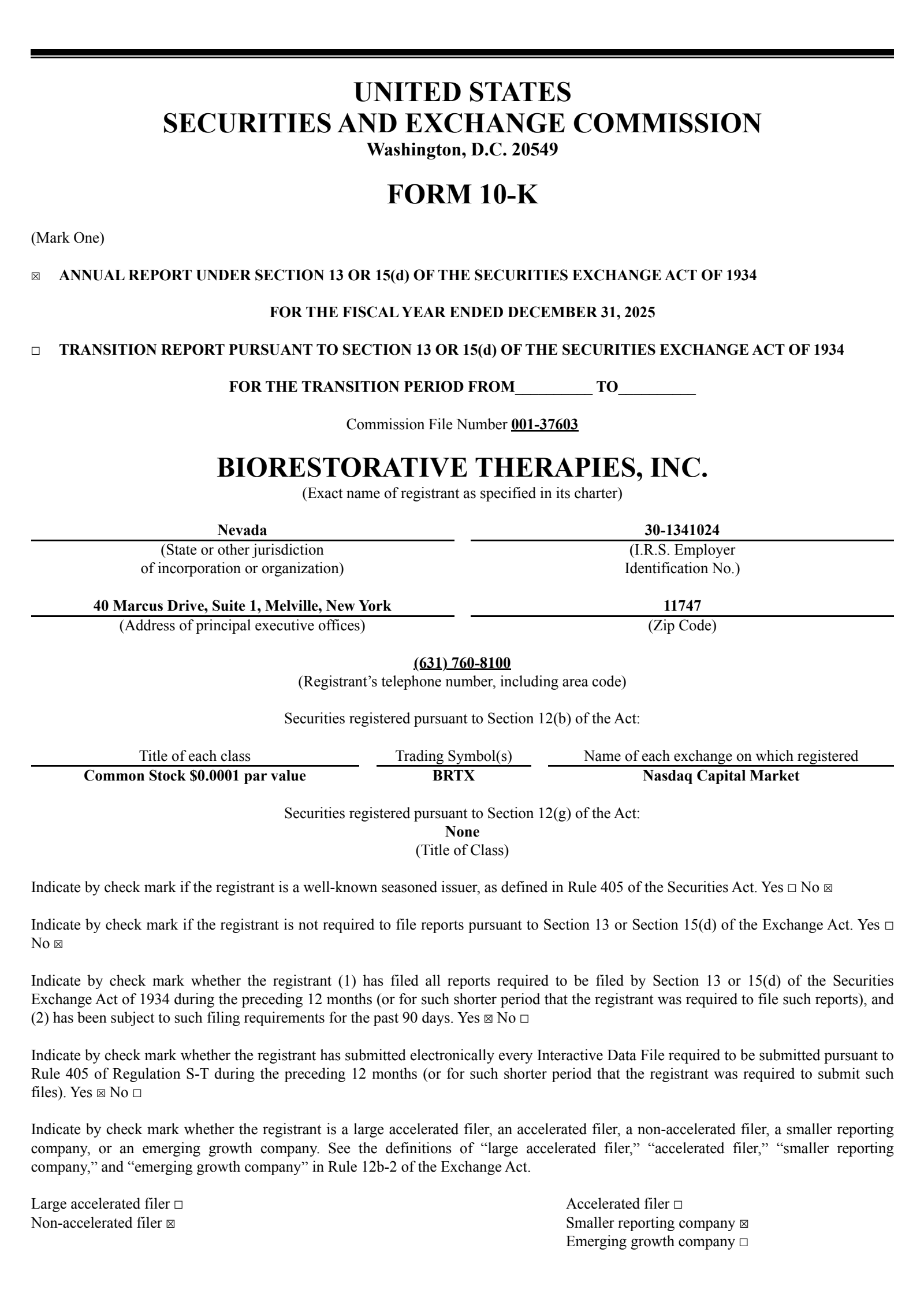Biorestorative Therapies' Q4 2025 Annual report