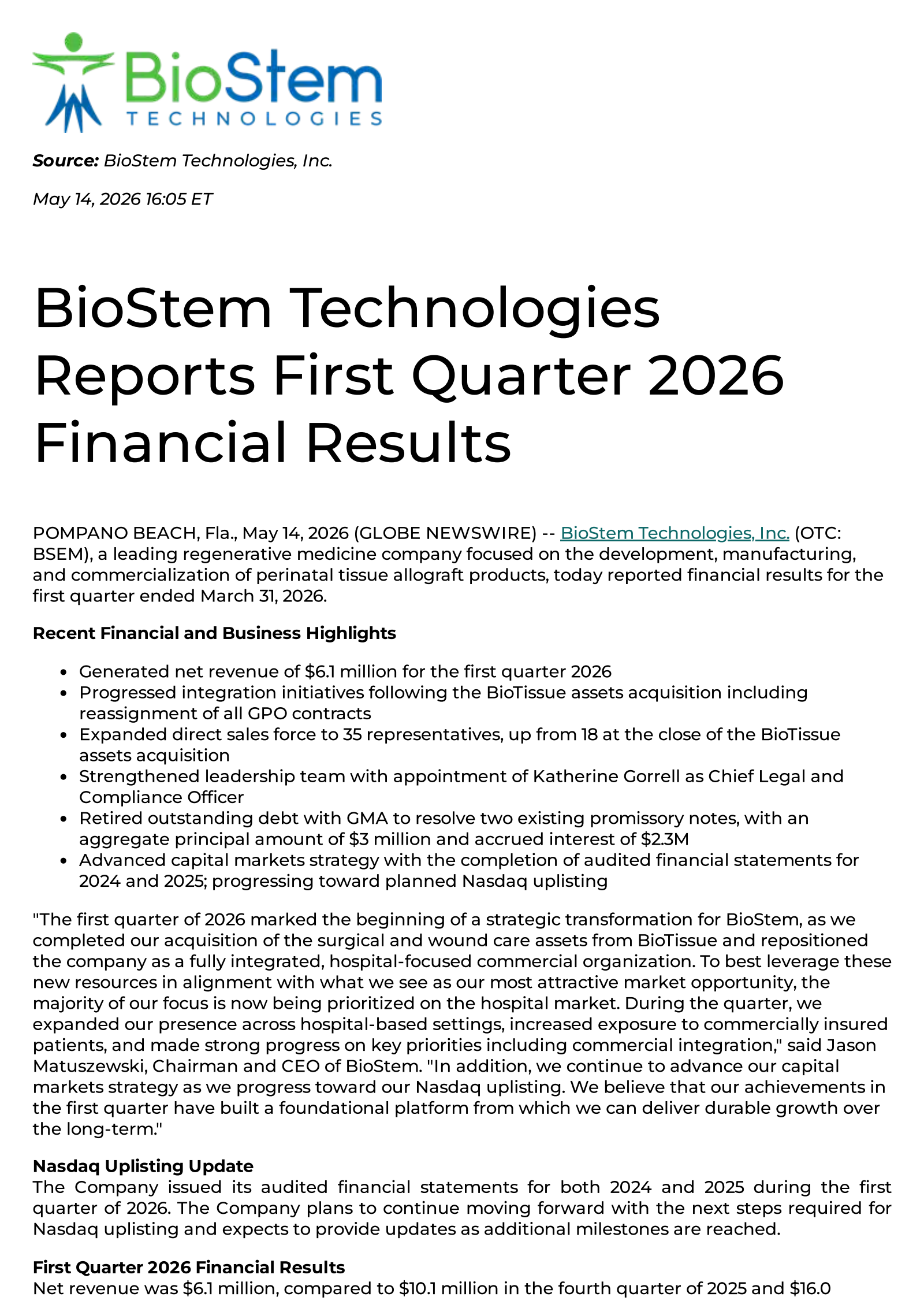 BioStem Technologies' Q1 2026 Press Release
