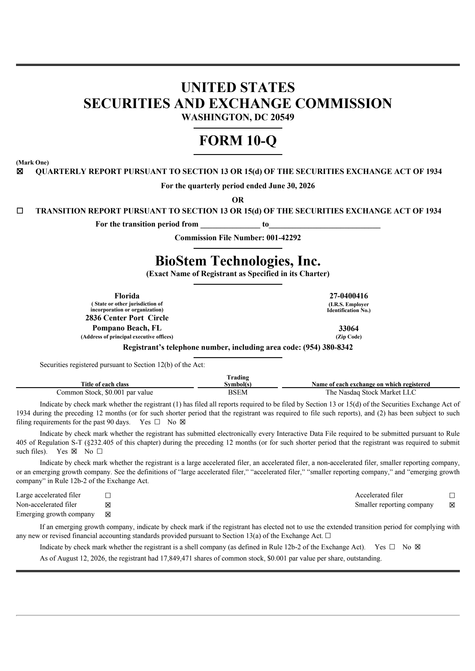 BioStem Technologies' Q2 2026 Quarterly report