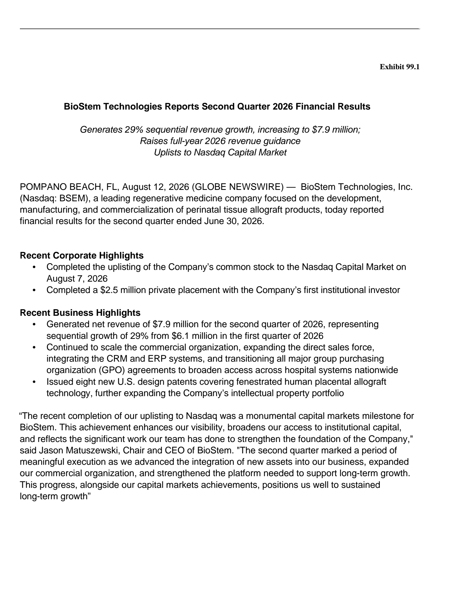 BioStem Technologies' Q2 2026 Press Release