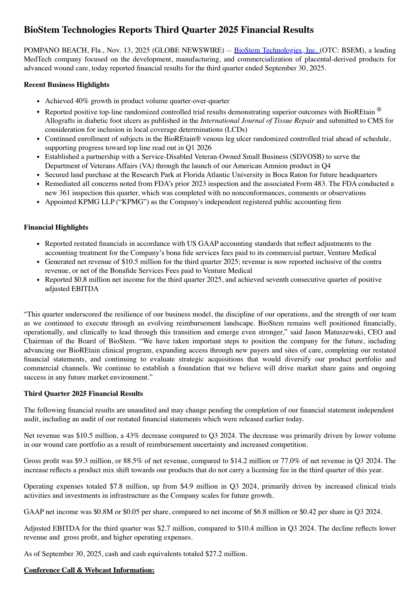 BioStem Technologies' Q3 2025 Earnings Release