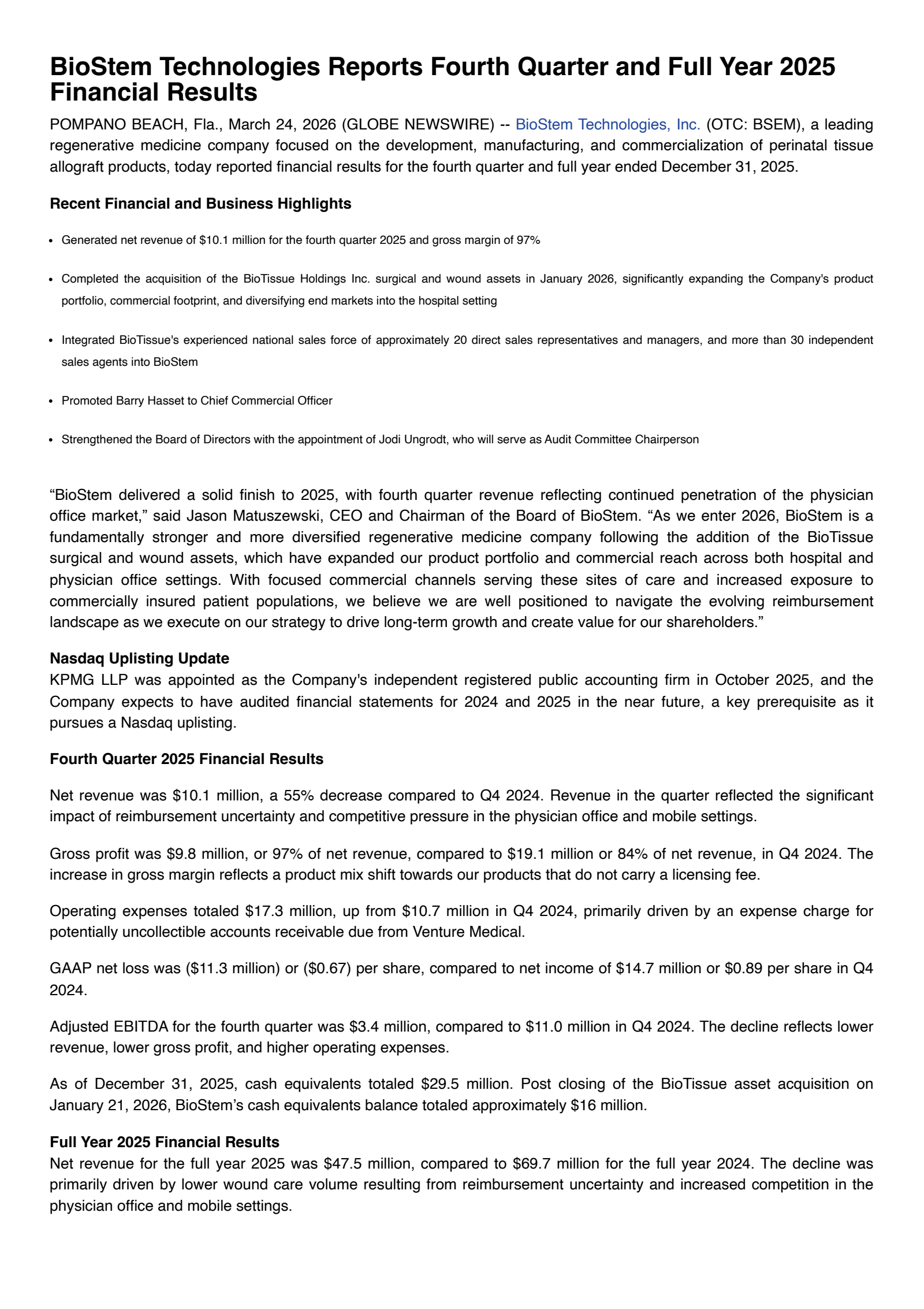 BioStem Technologies' Q4 2025 Press Release
