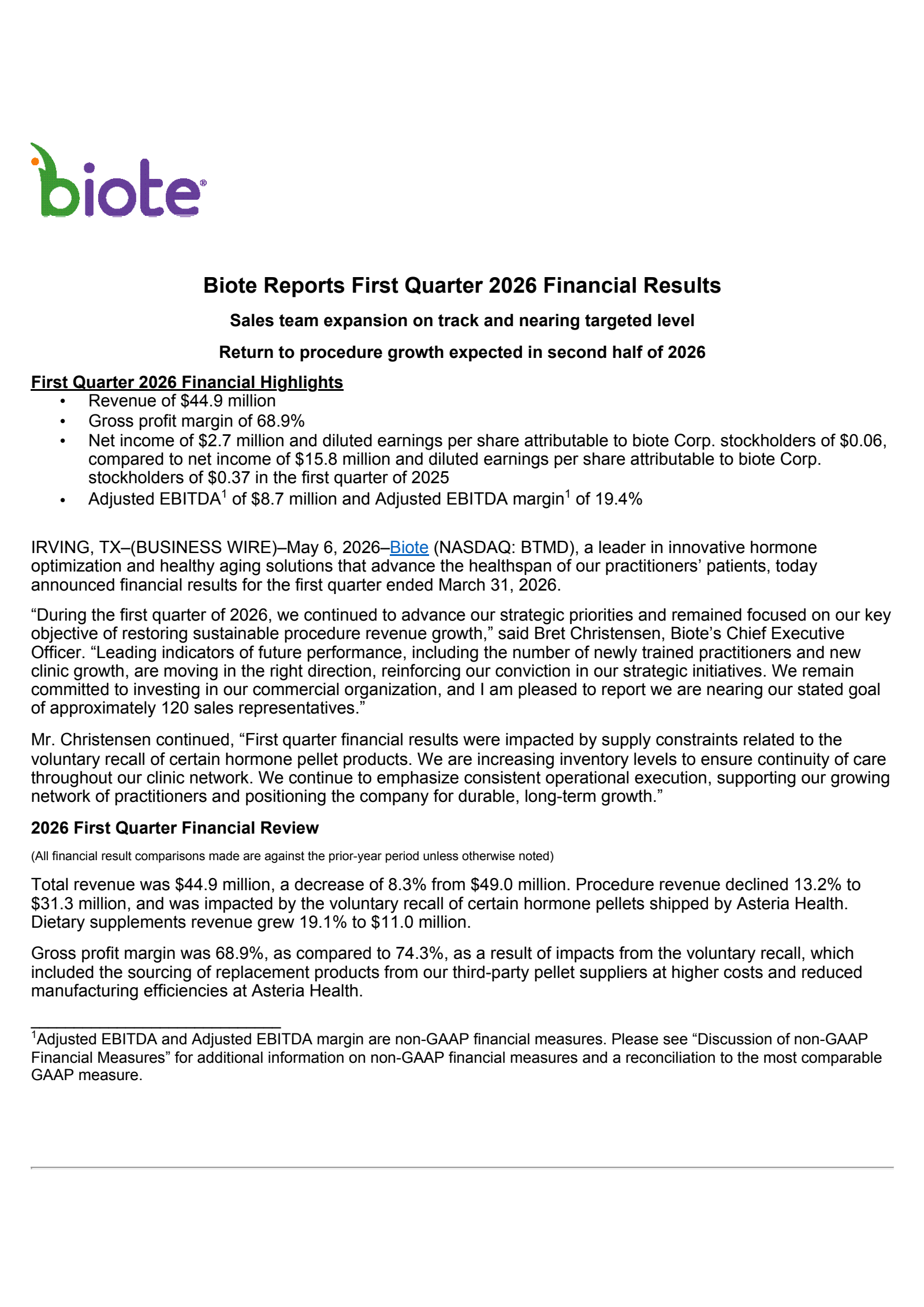 biote's Q1 2026 Press Release