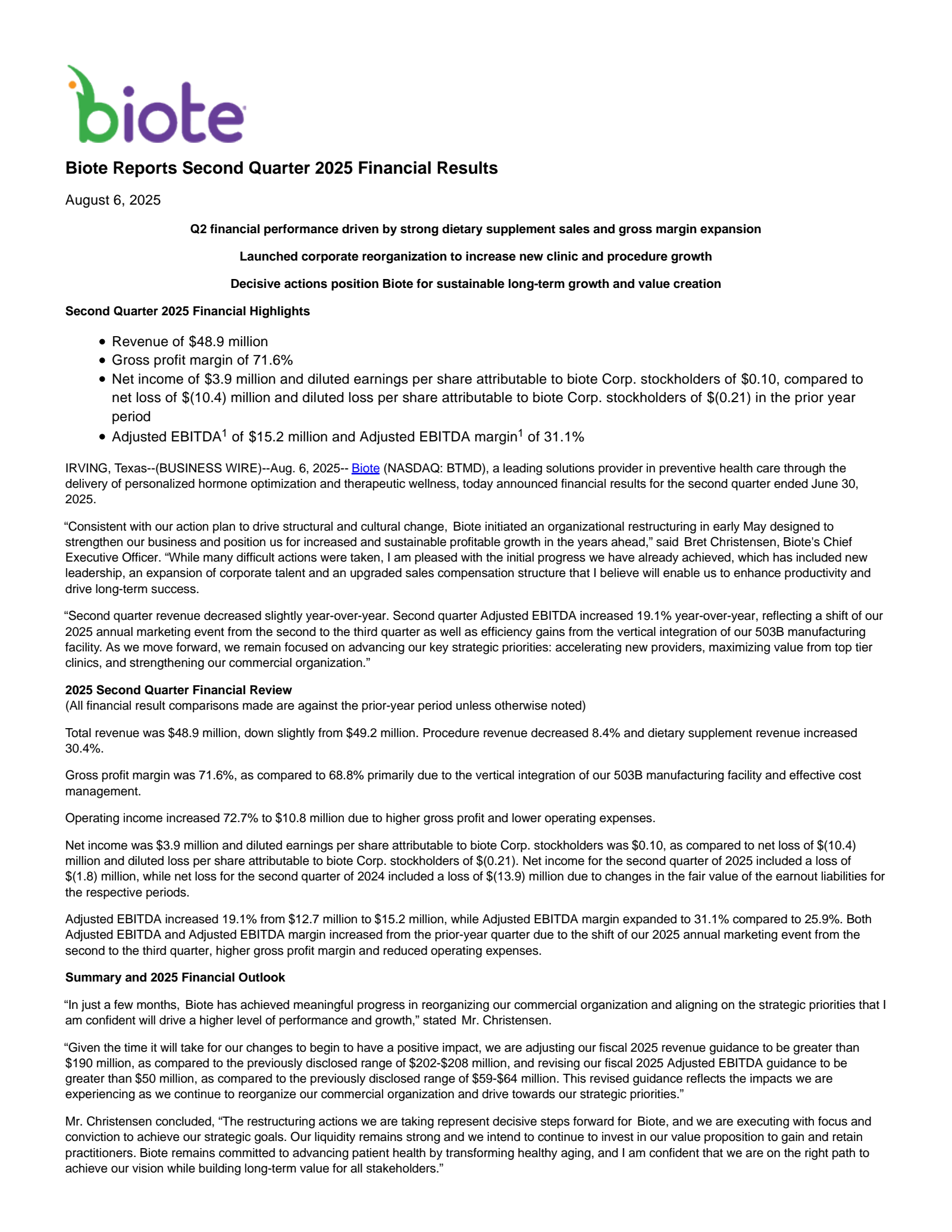 biote's Q2 2025 Press Release