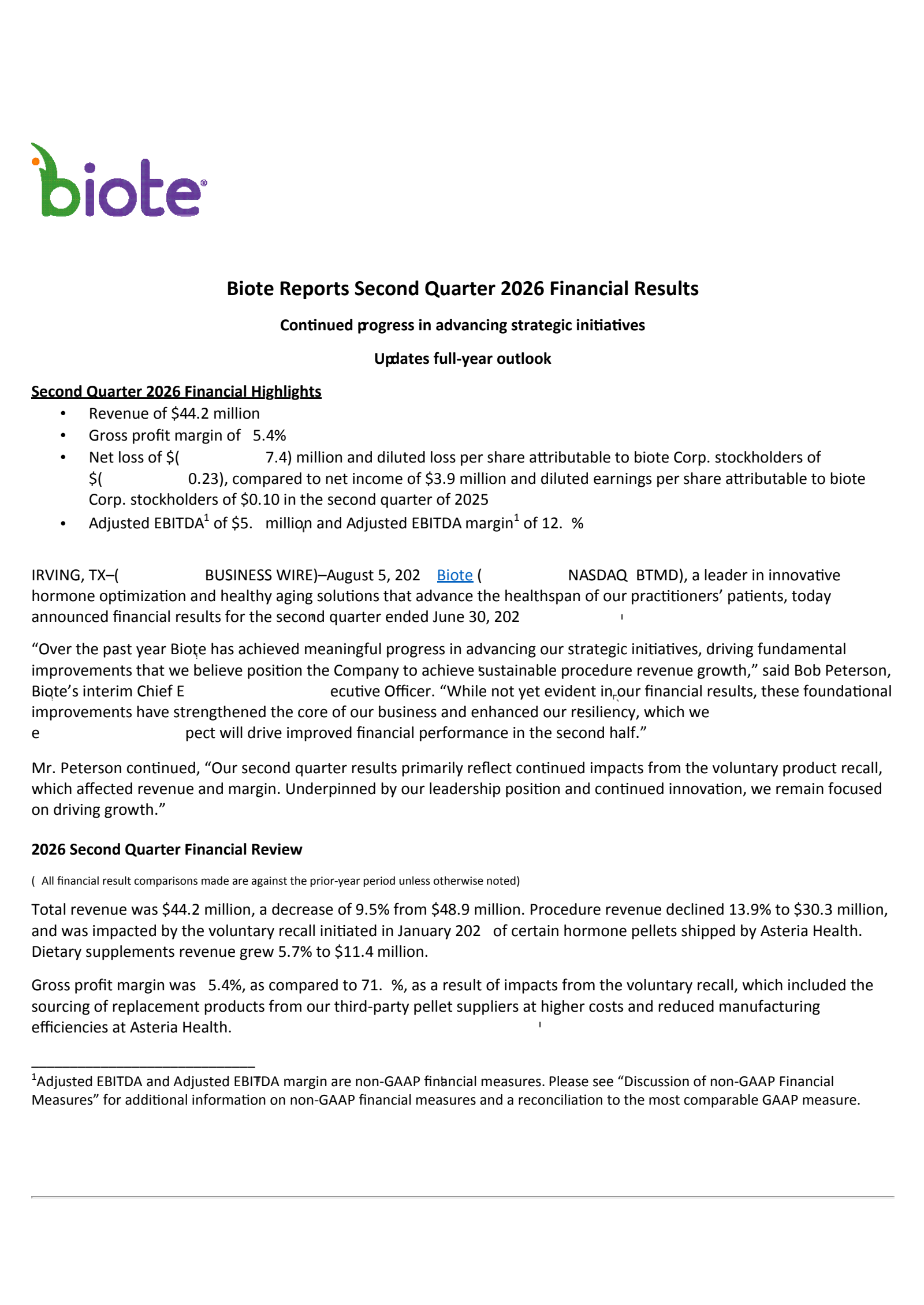 biote's Q2 2026 Press Release