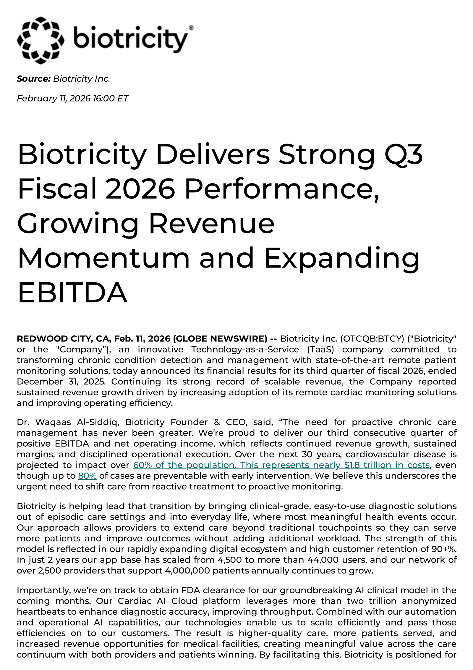 Biotricity's Q3 2026 Press Release