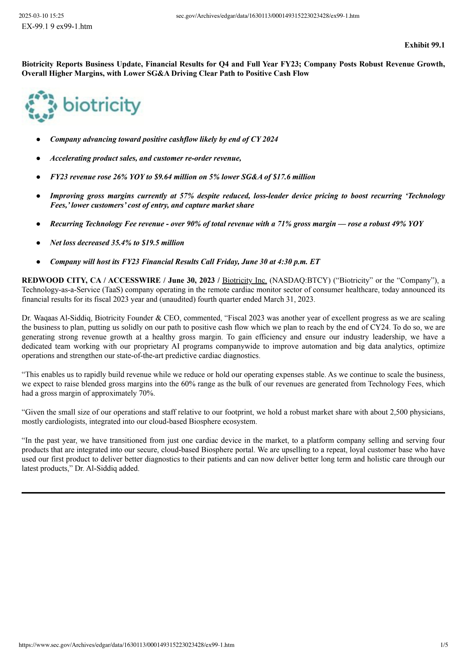 Biotricity's Q4 2023 Press Release