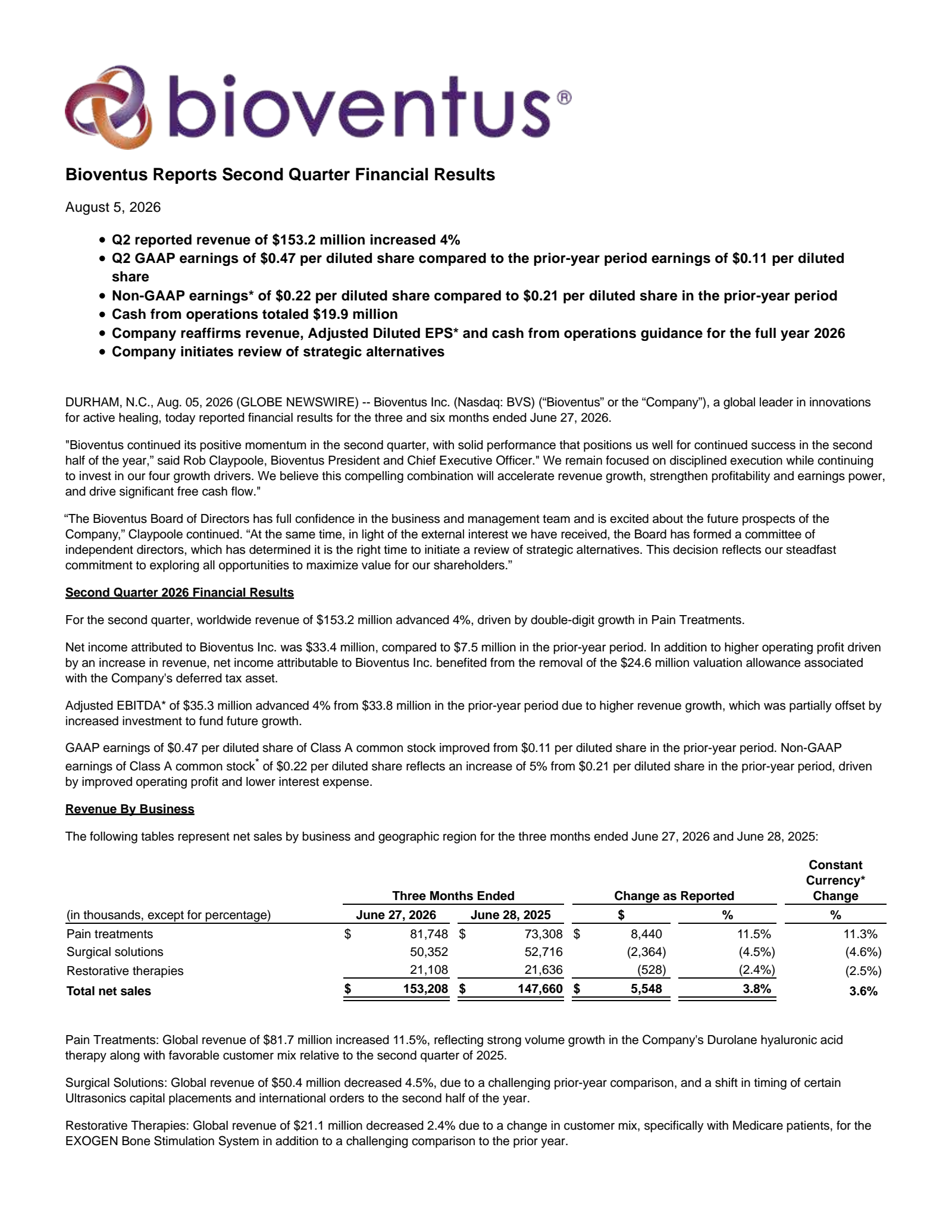Bioventus' Q2 2026 Press Release