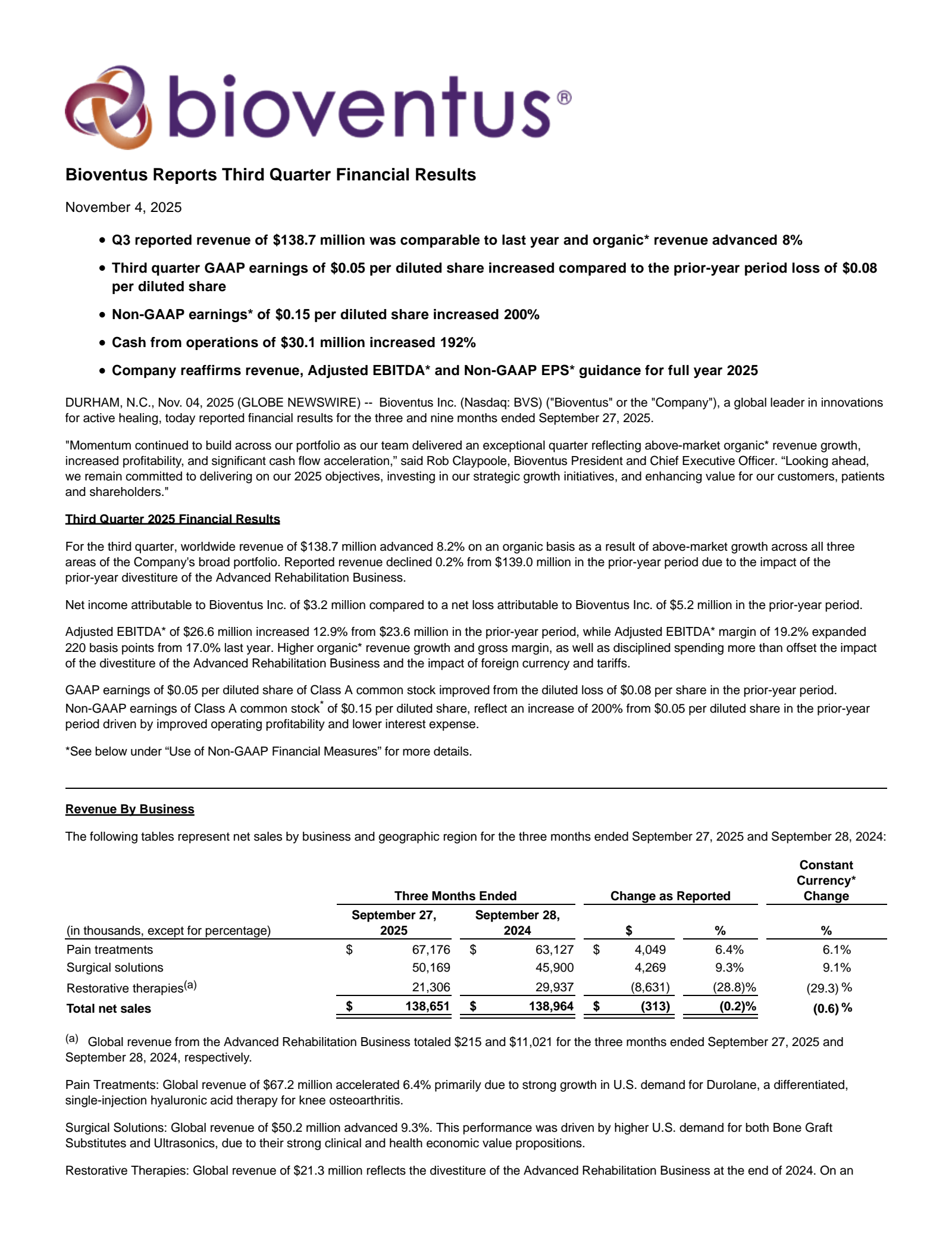 Bioventus' Q3 2025 Earnings Release