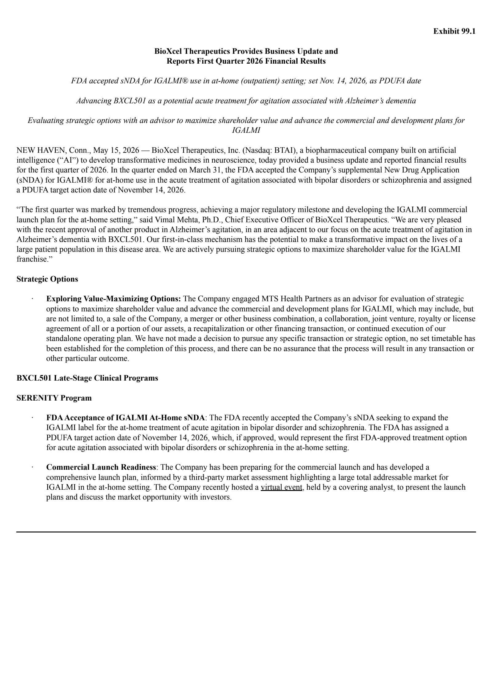 BioXcel Therapeutics' Q1 2026 Press Release