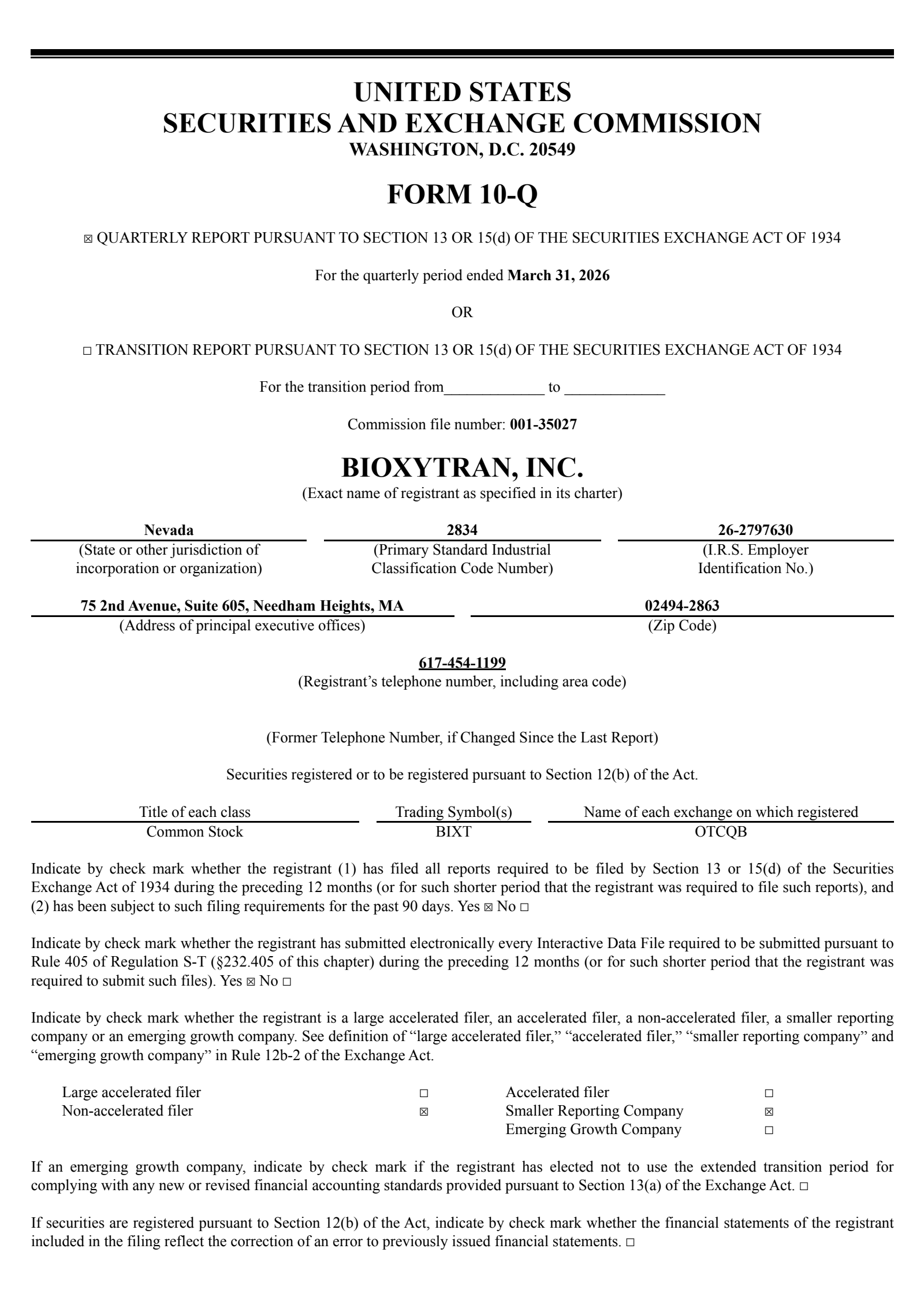 Bioxytran's Q1 2026 Quarterly report
