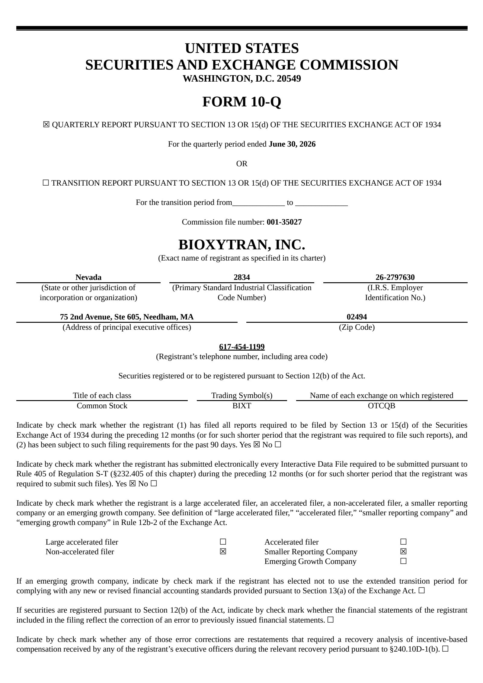 Bioxytran's Q2 2026 Quarterly report