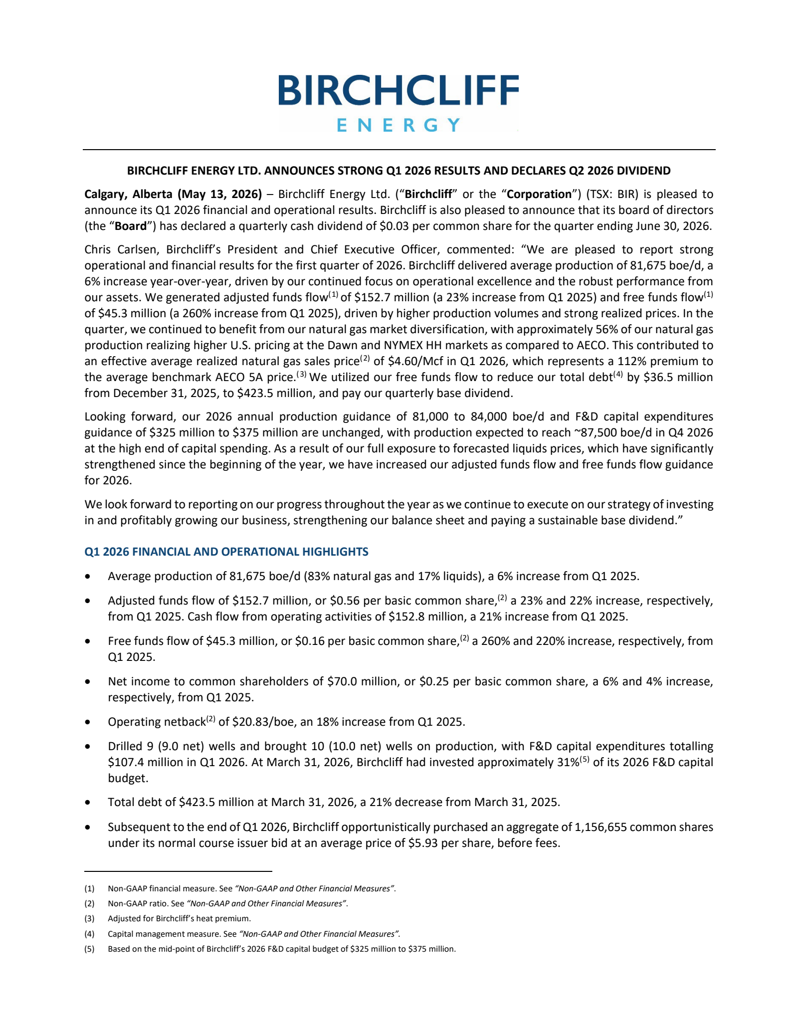 Birchcliff Energy's Q1 2026 Press Release