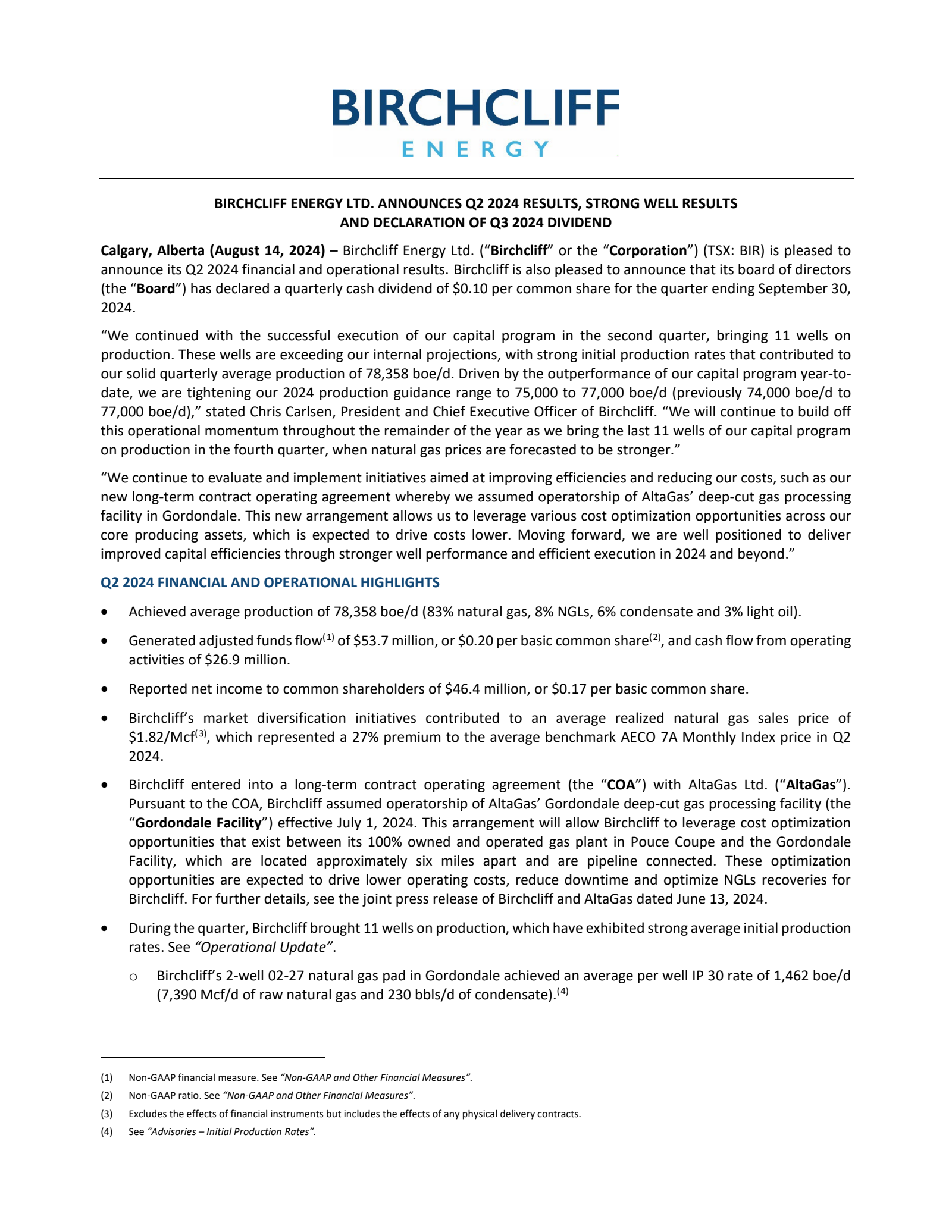 Birchcliff Energy's Q2 2024 Press Release