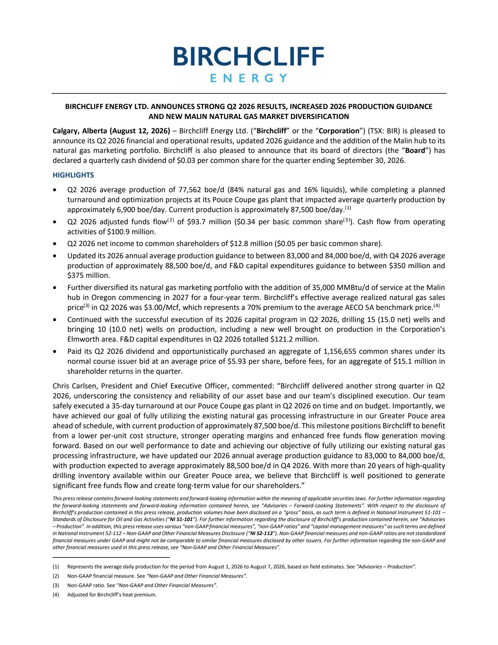 Birchcliff Energy's Q2 2026 Press Release