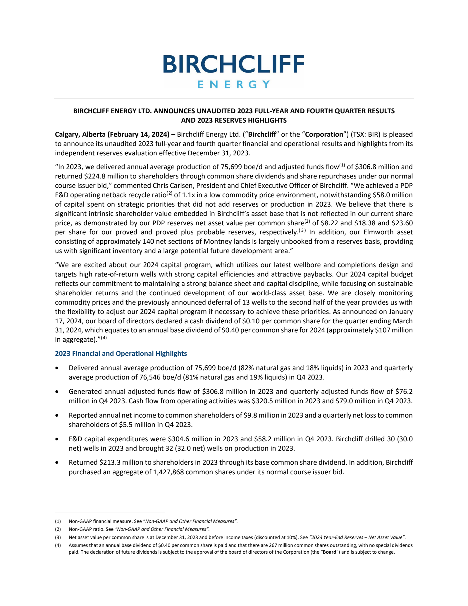 Birchcliff Energy's Q4 2023 Press Release