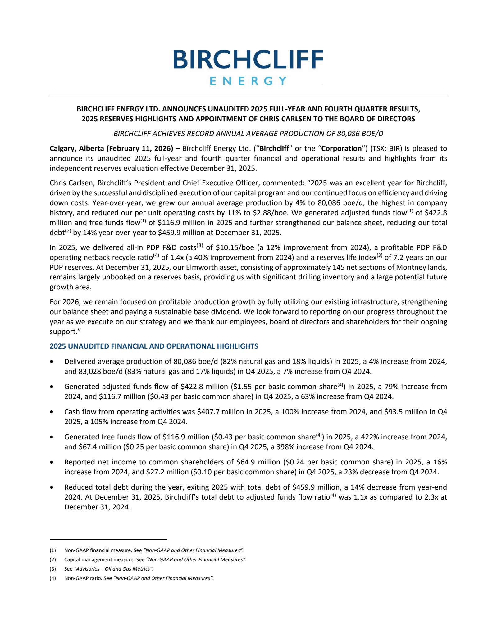 Birchcliff Energy's Q4 2025 Press Release
