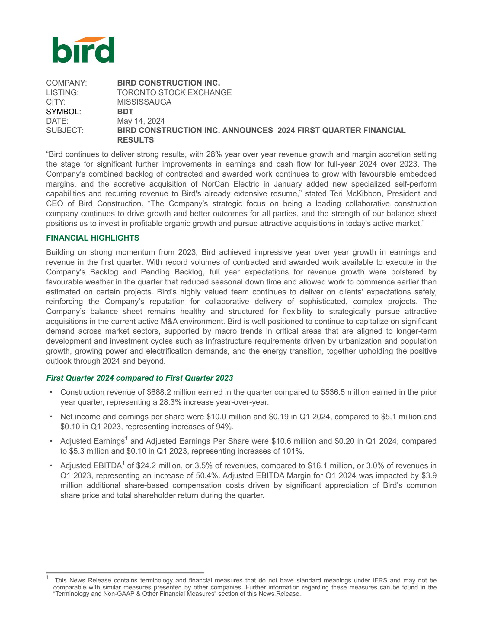Bird Construction's Q1 2024 Interim report