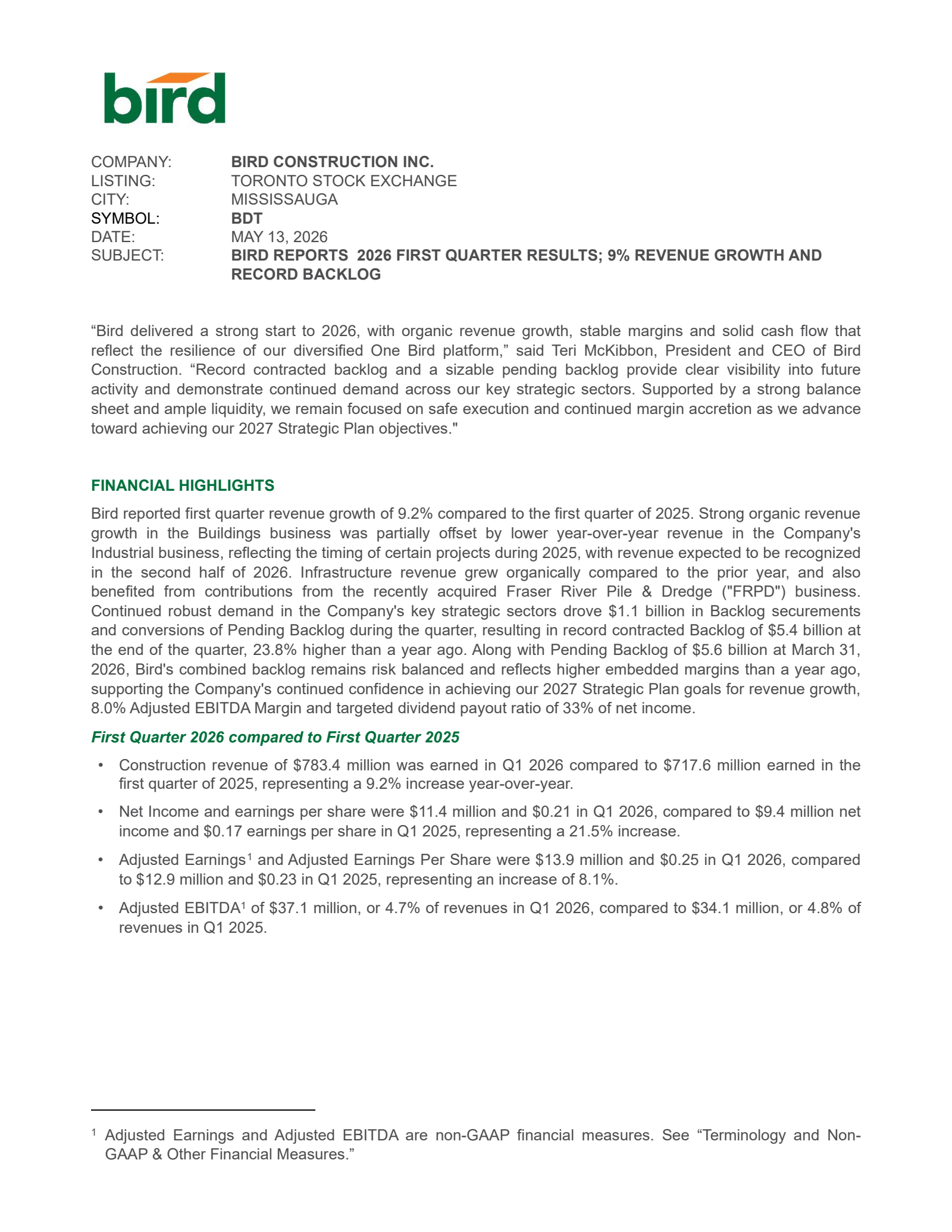 Bird Construction's Q1 2026 Press Release