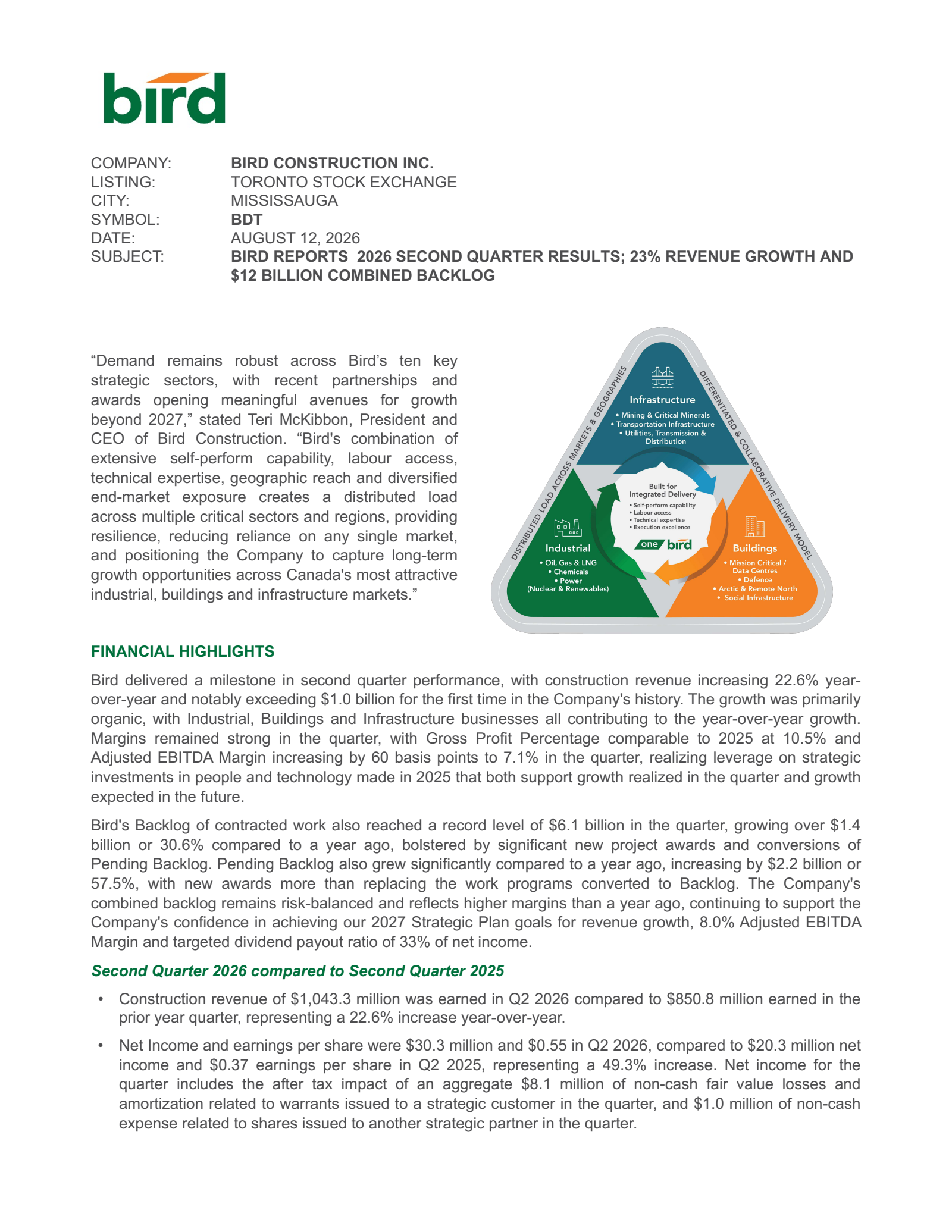 Bird Construction's Q2 2026 Press Release