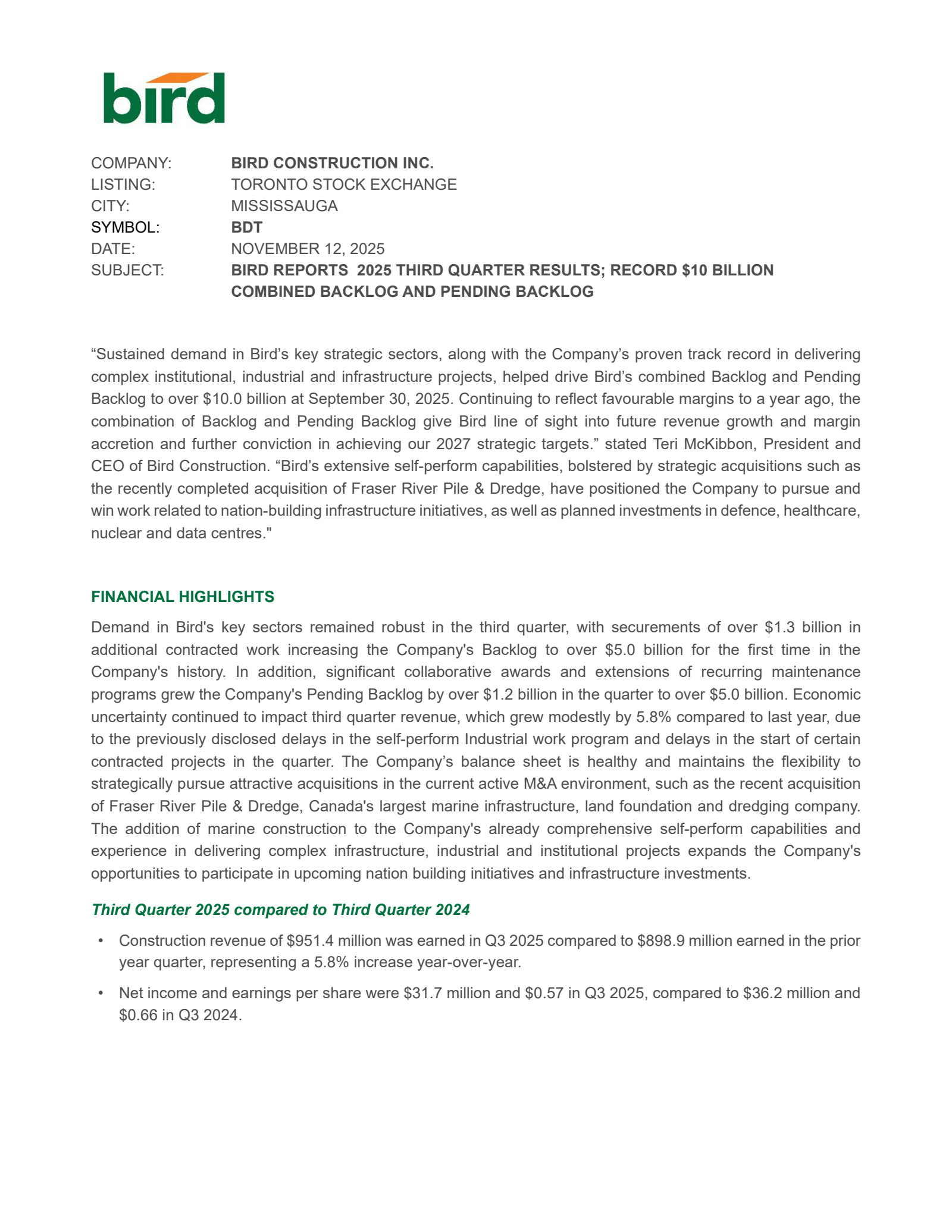 Bird Construction's Q3 2025 Earnings Release