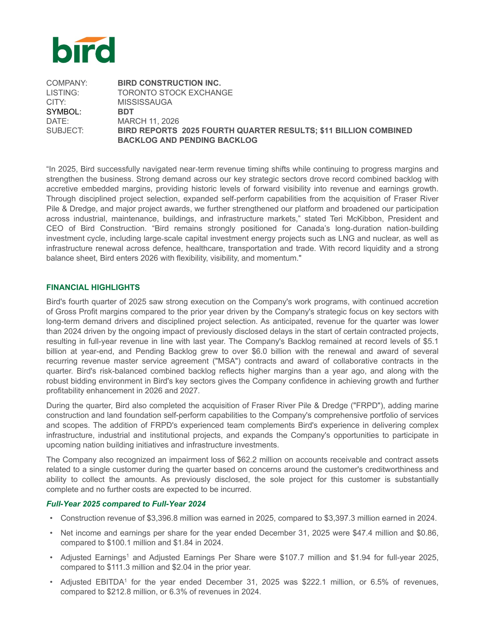 Bird Construction's Q4 2025 Press Release