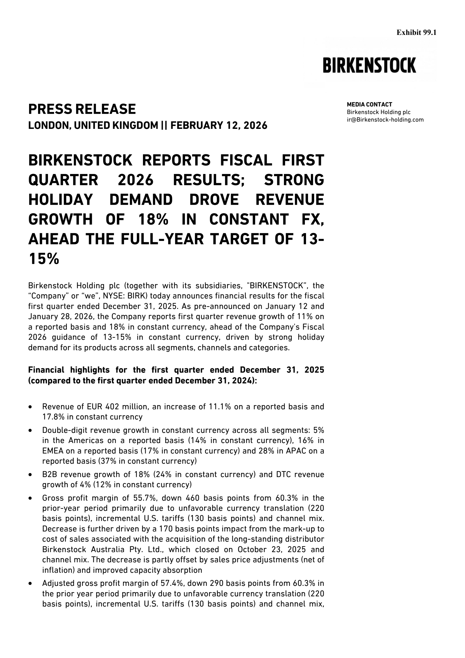 Birkenstock's Q1 2026 Press Release