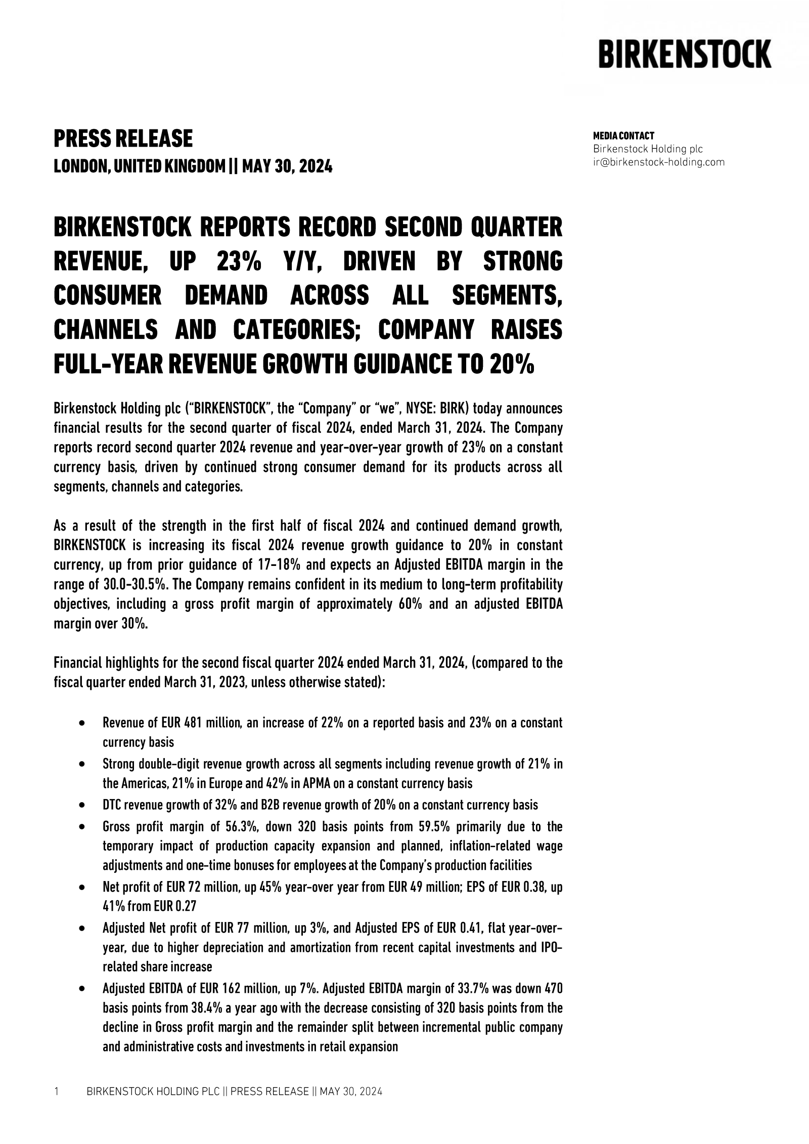 Birkenstock's Q2 2024 Earnings Release