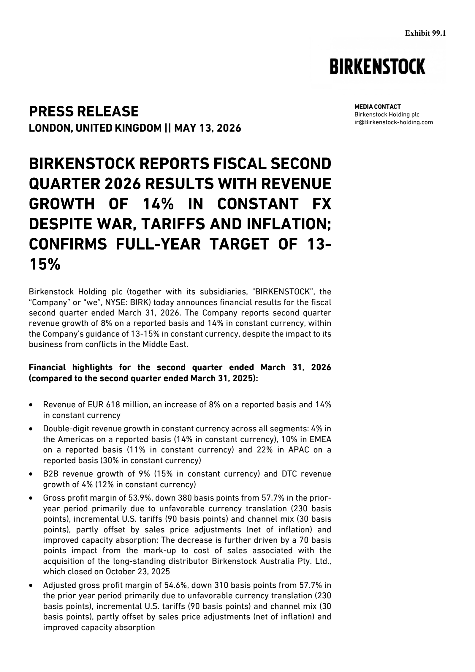 Birkenstock's Q2 2026 Press Release