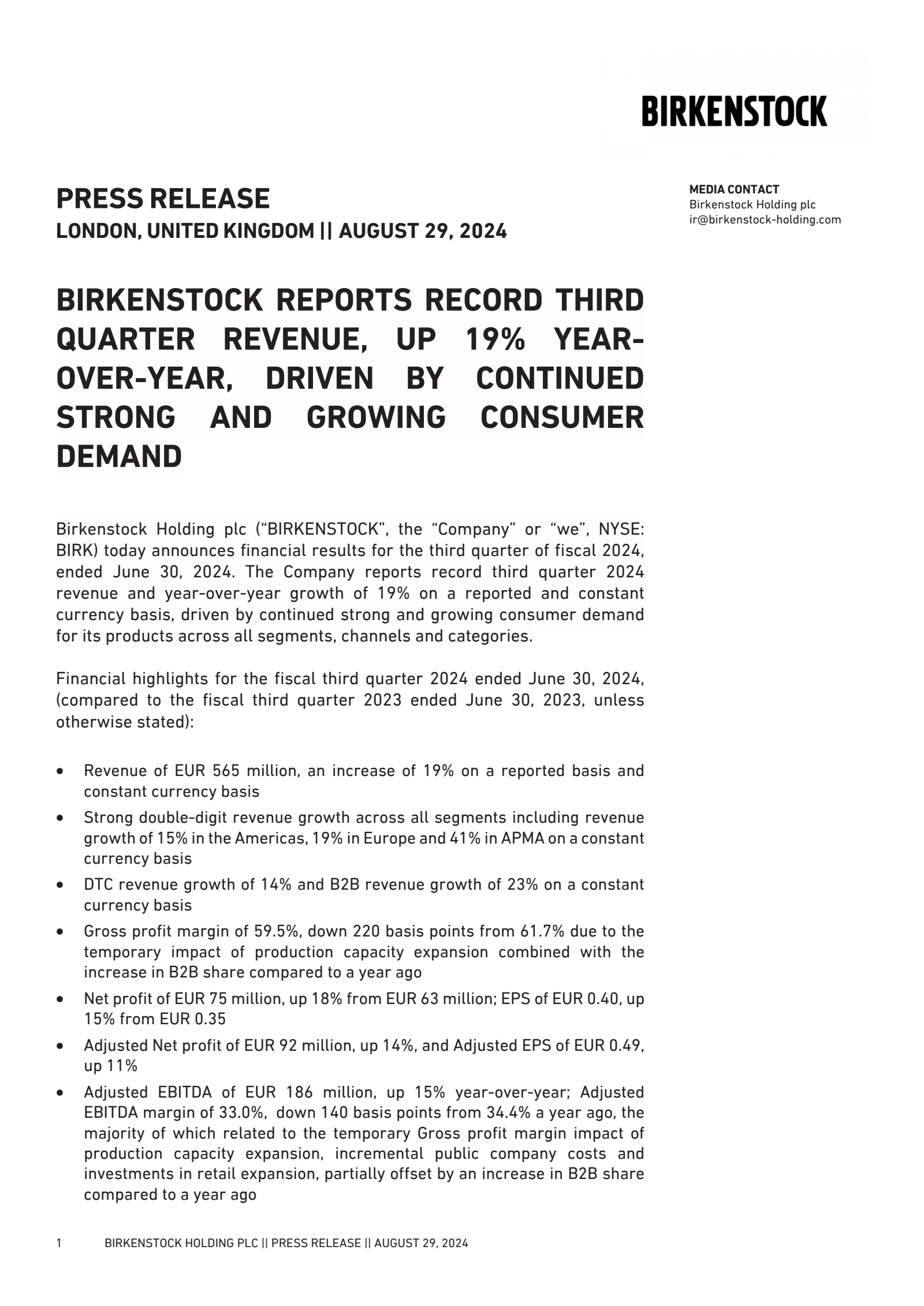 Birkenstock's Q3 2024 Earnings Release