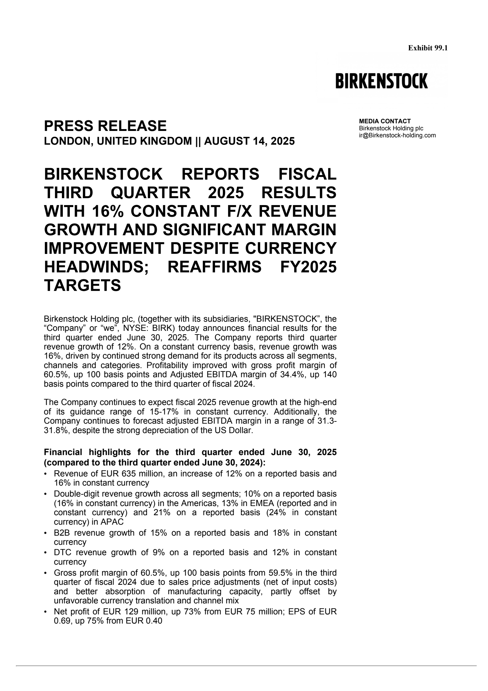 Birkenstock's Q3 2025 Press Release