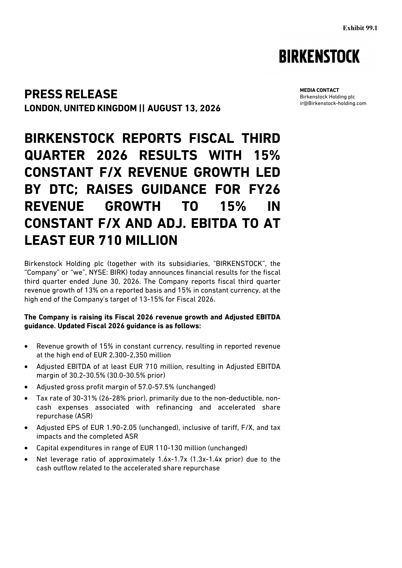 Birkenstock's Q3 2026 Press Release