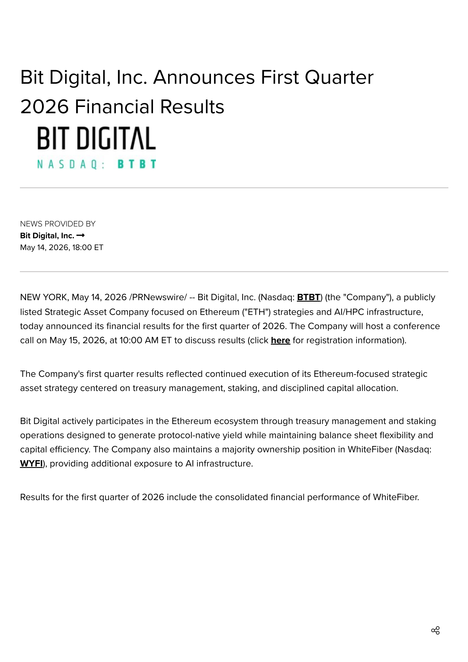 Bit Digital's Q1 2026 Press Release