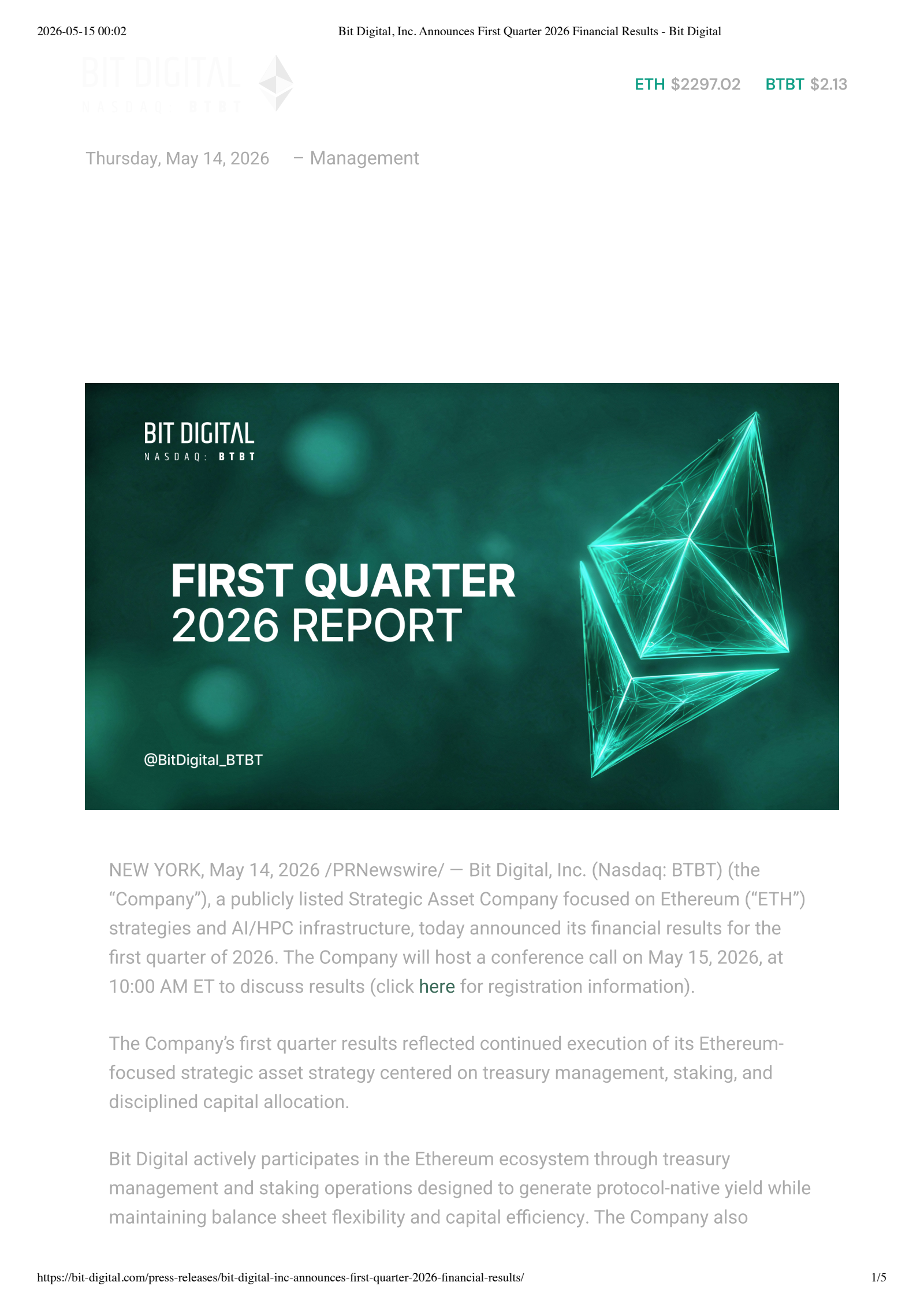 Bit Digital's Q1 2026 Press Release