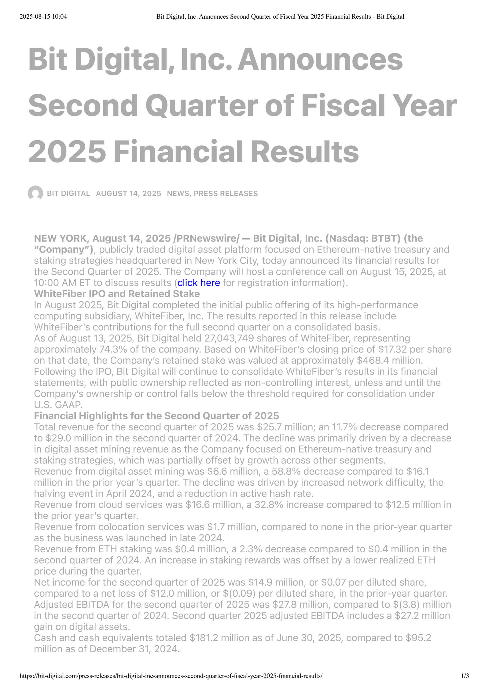 Bit Digital's Q2 2025 Press Release