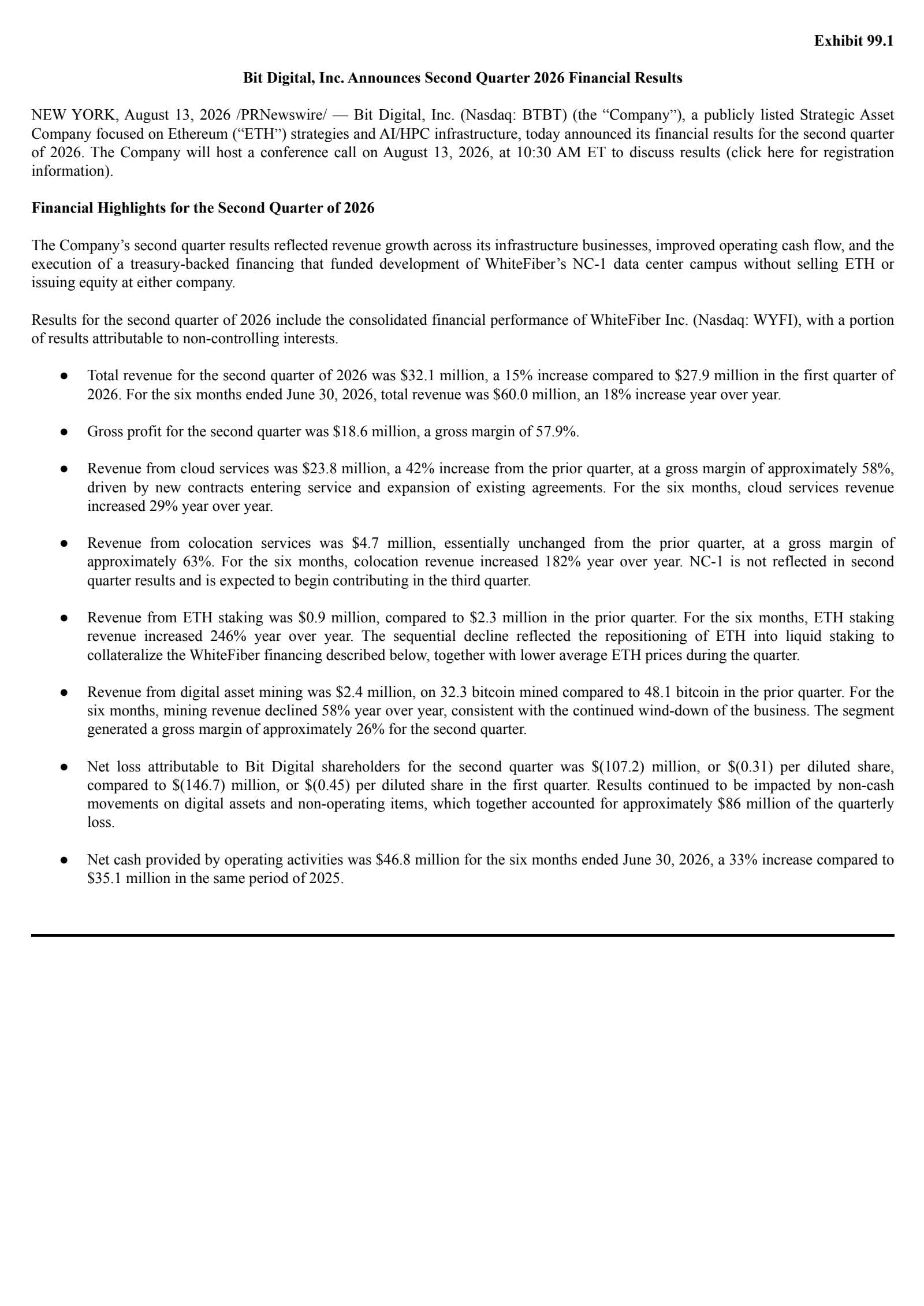 Bit Digital's Q2 2026 Press Release