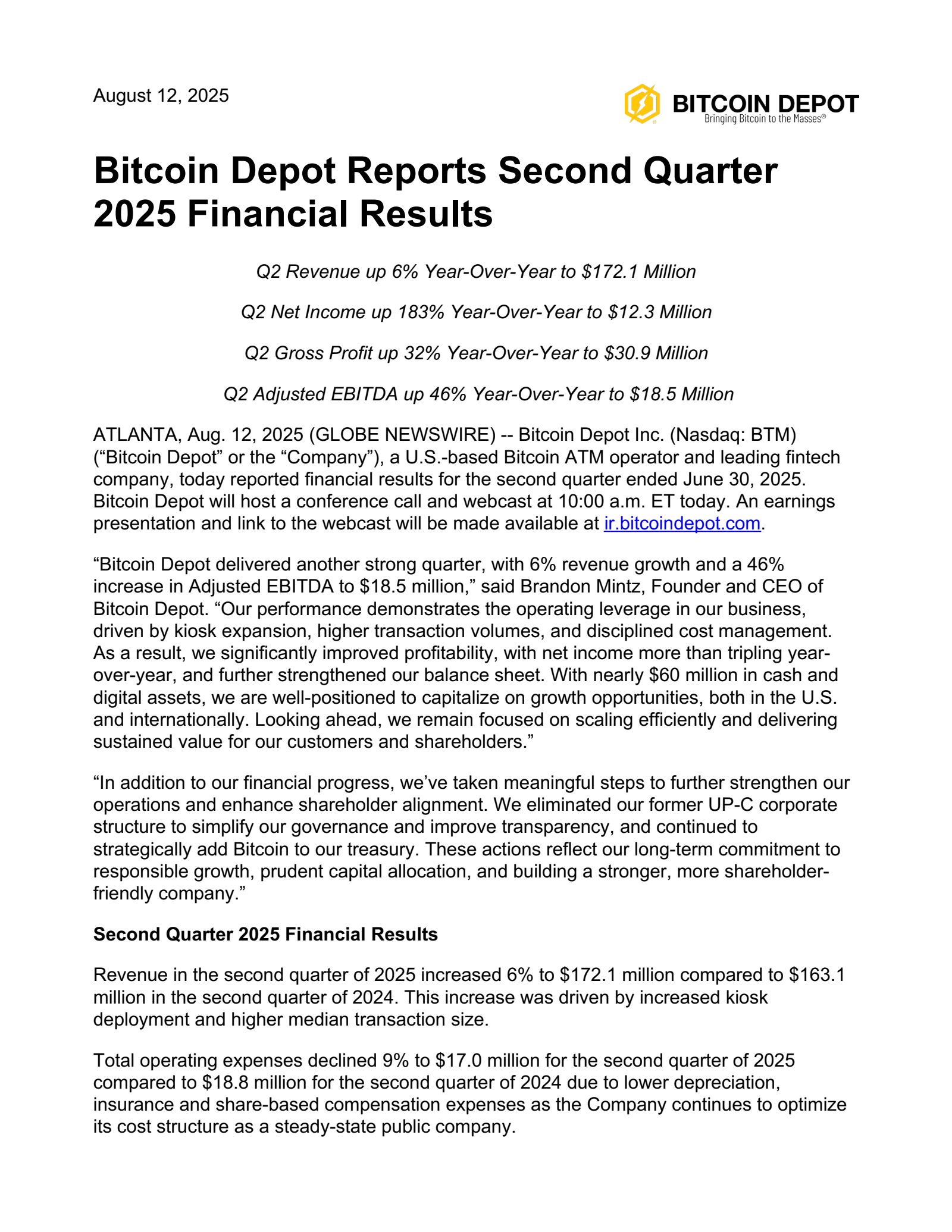 Bitcoin Depot's Q2 2025 Press Release