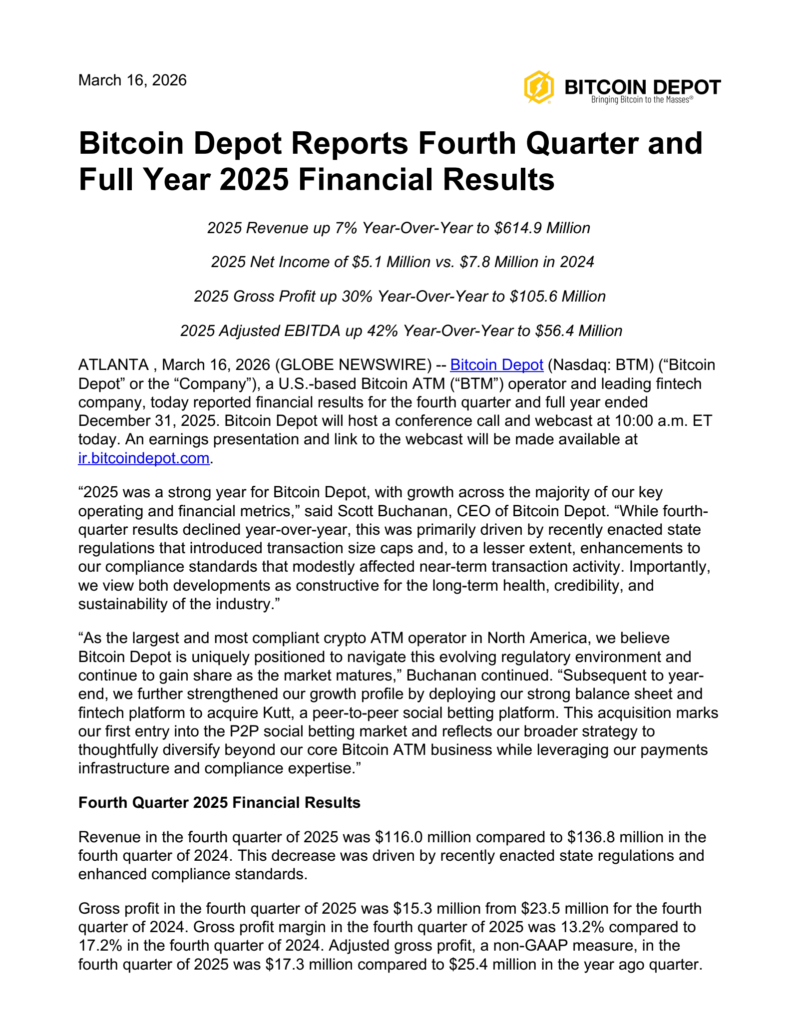 Bitcoin Depot's Q4 2025 Press Release