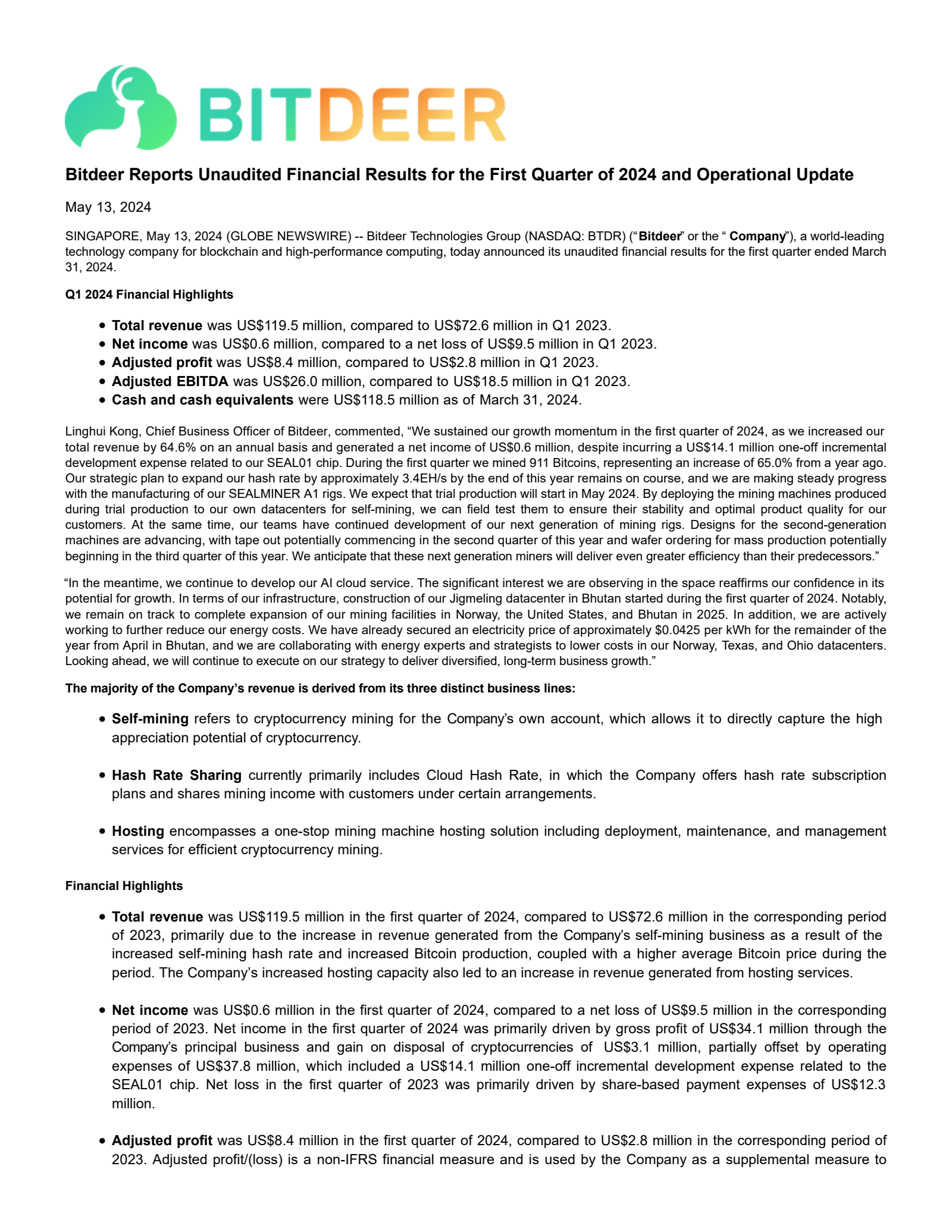 Bitdeer Technologies Group's Q1 2024 Press Release
